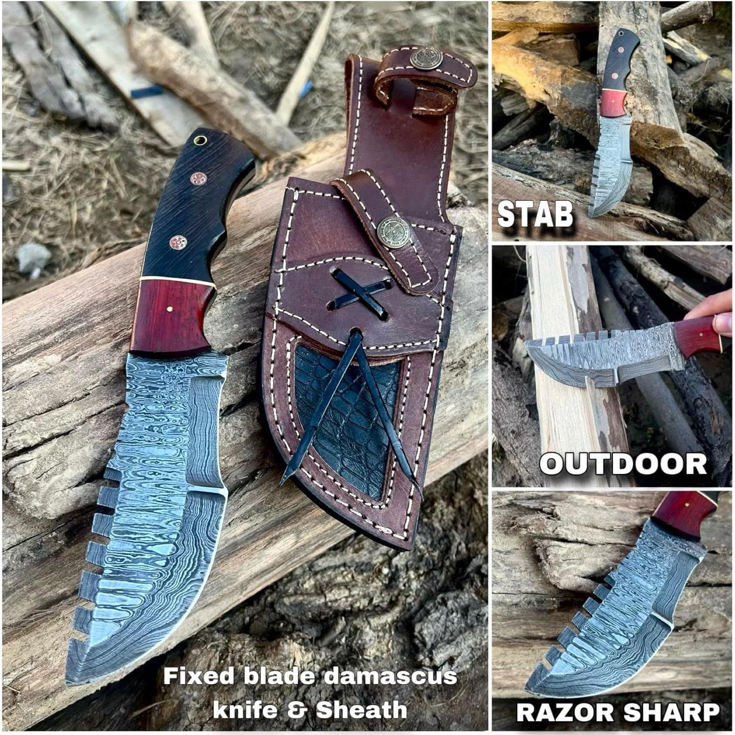 Cuchillo de Caza Bushcraft Tracker Damasco 25.4 cm con Funda