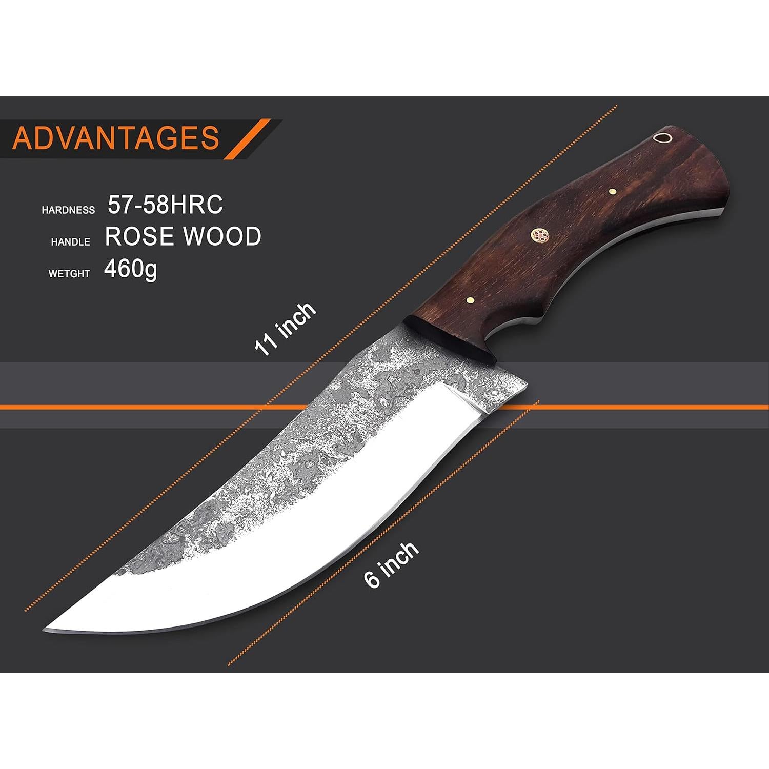 Cuchillo de Caza WARIVO WK - Acero Carbono 1095, 28 cm, Mango Madera Rosa