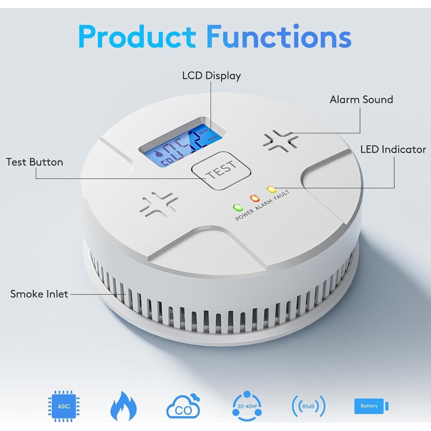 Alarma Combinada de Humo y Monóxido ARIKON 85 dB LCD