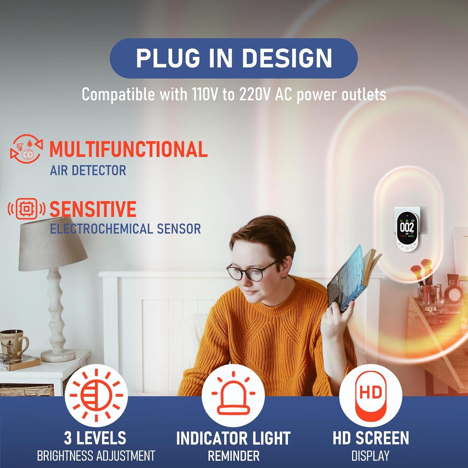 Detector de Monóxido de Carbono LSENLTY 3 en 1 con Pantalla HD - Paquete de 2