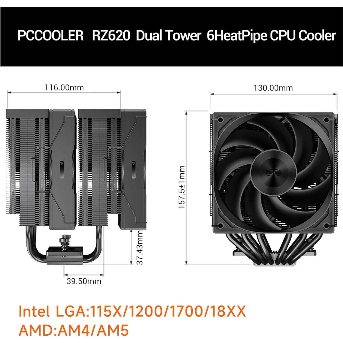 Enfriador de CPU PCCOOLER RZ620 Doble Torre 157.5mm
