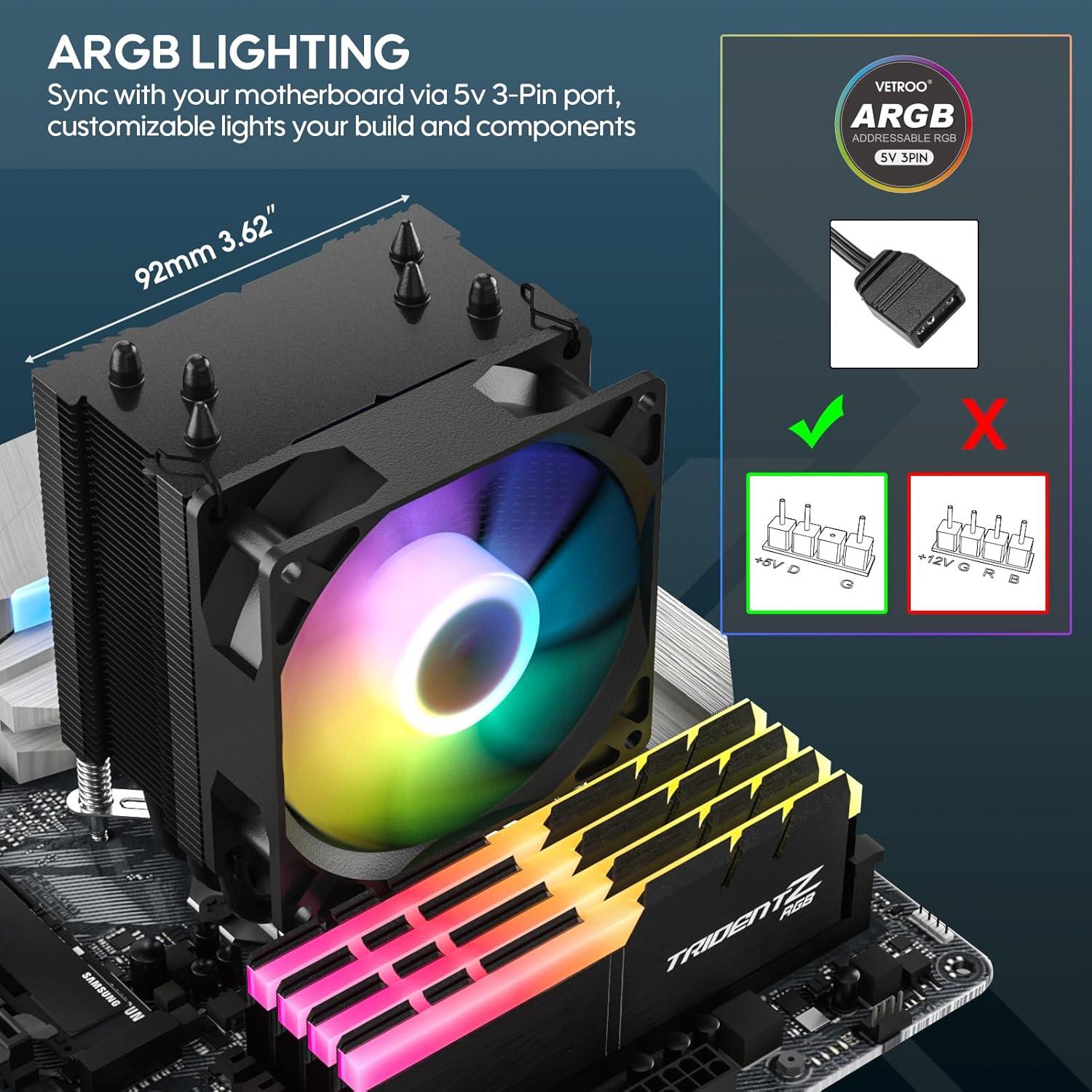 Enfriador de CPU Vetroo V3 ARGB 133mm para AMD e Intel