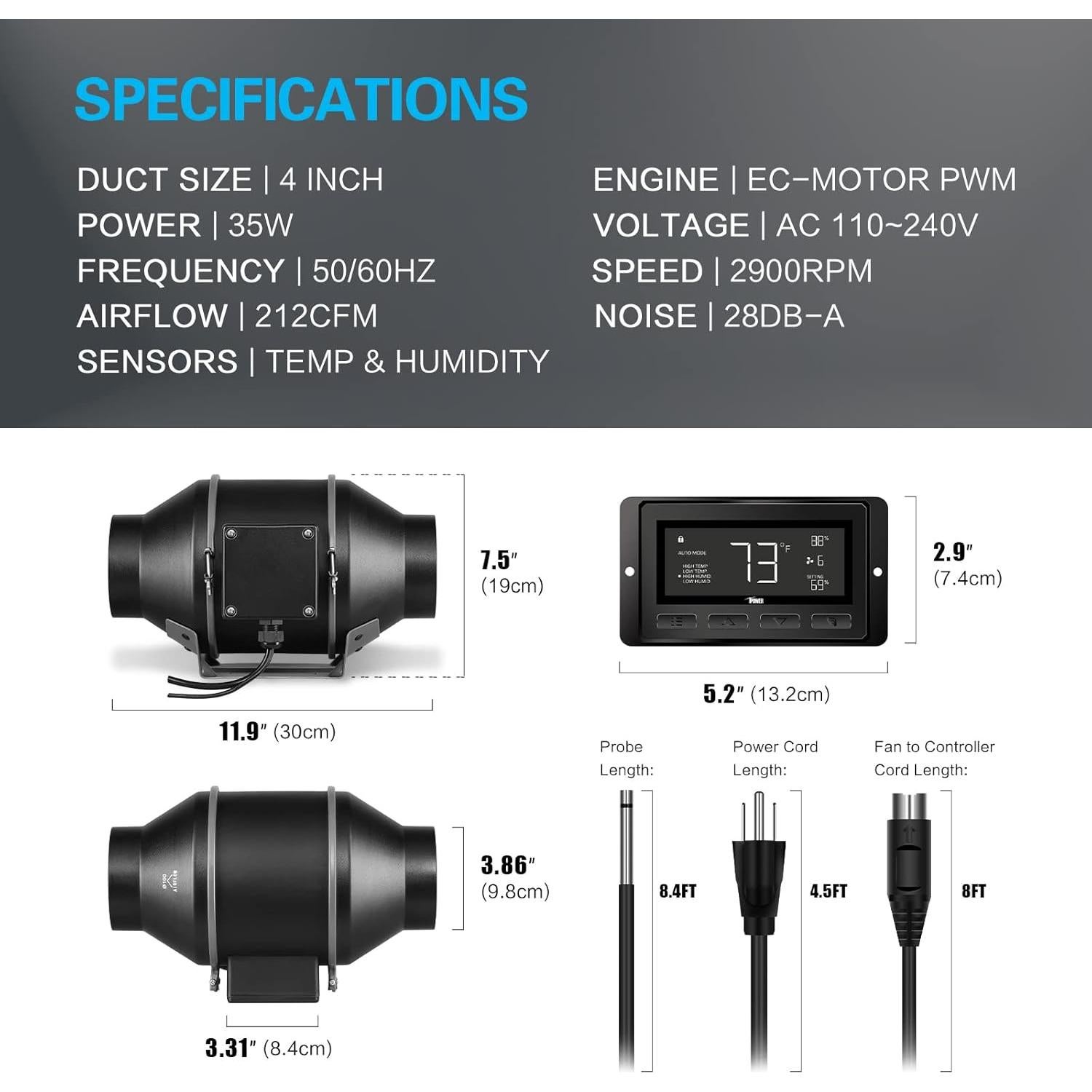 Ventilador de Conducto Inline 10 cm iPower con Control APP