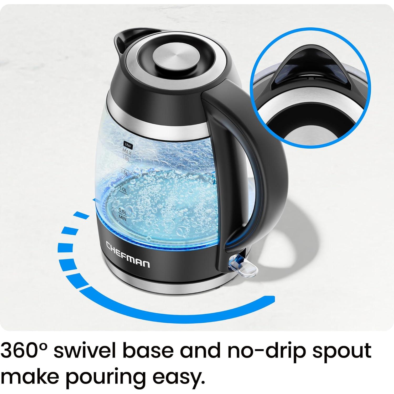 Hervidor Eléctrico Chefman 1.8L 1500W Vidrio Borosilicato