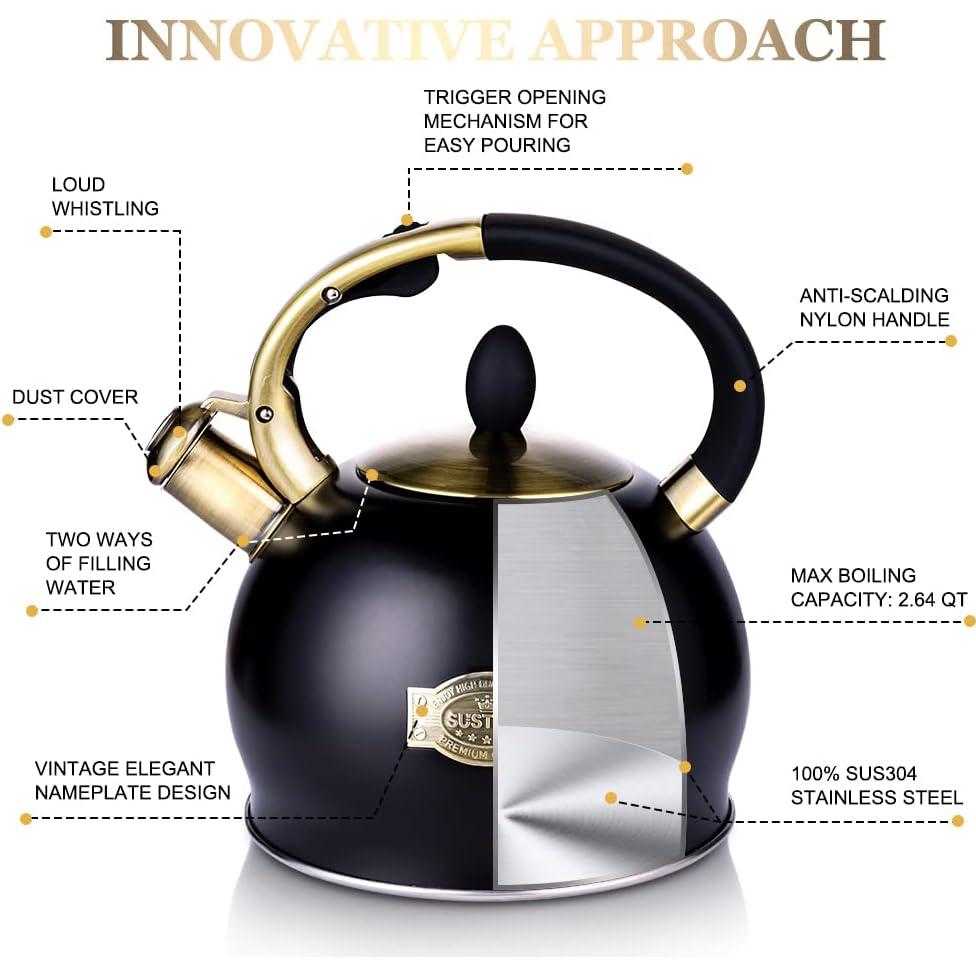 Tetera Silbante SUSTEAS de Acero Inoxidable 2.5L con Mitón