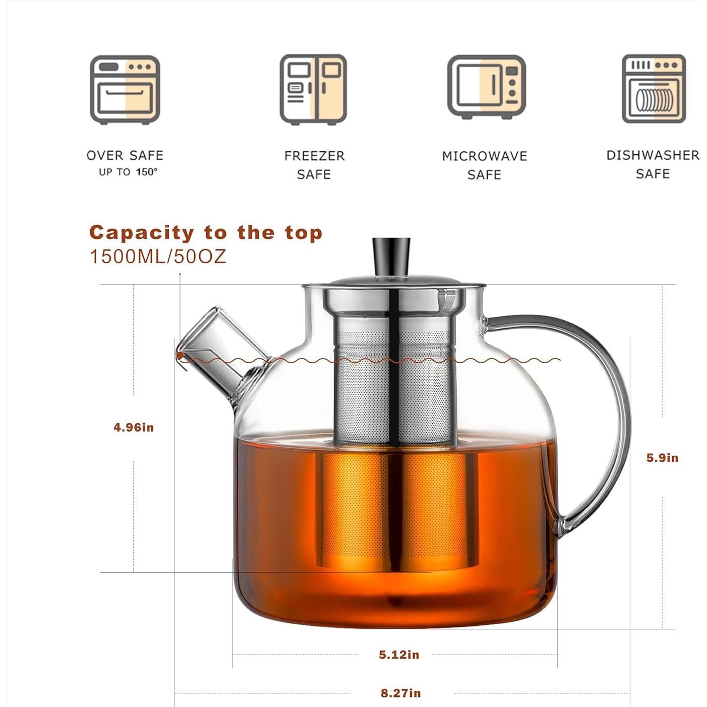 Tetera de Vidrio Borosilicato 1500ml Ehugos con Infusor Acero
