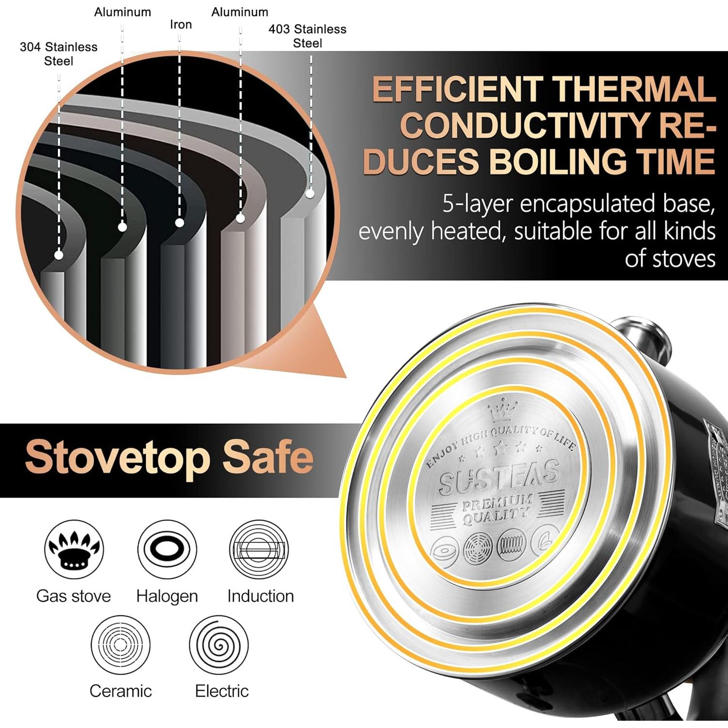 Tetera Silbante SUSTEAS 3.17QT Acero Inoxidable Negro