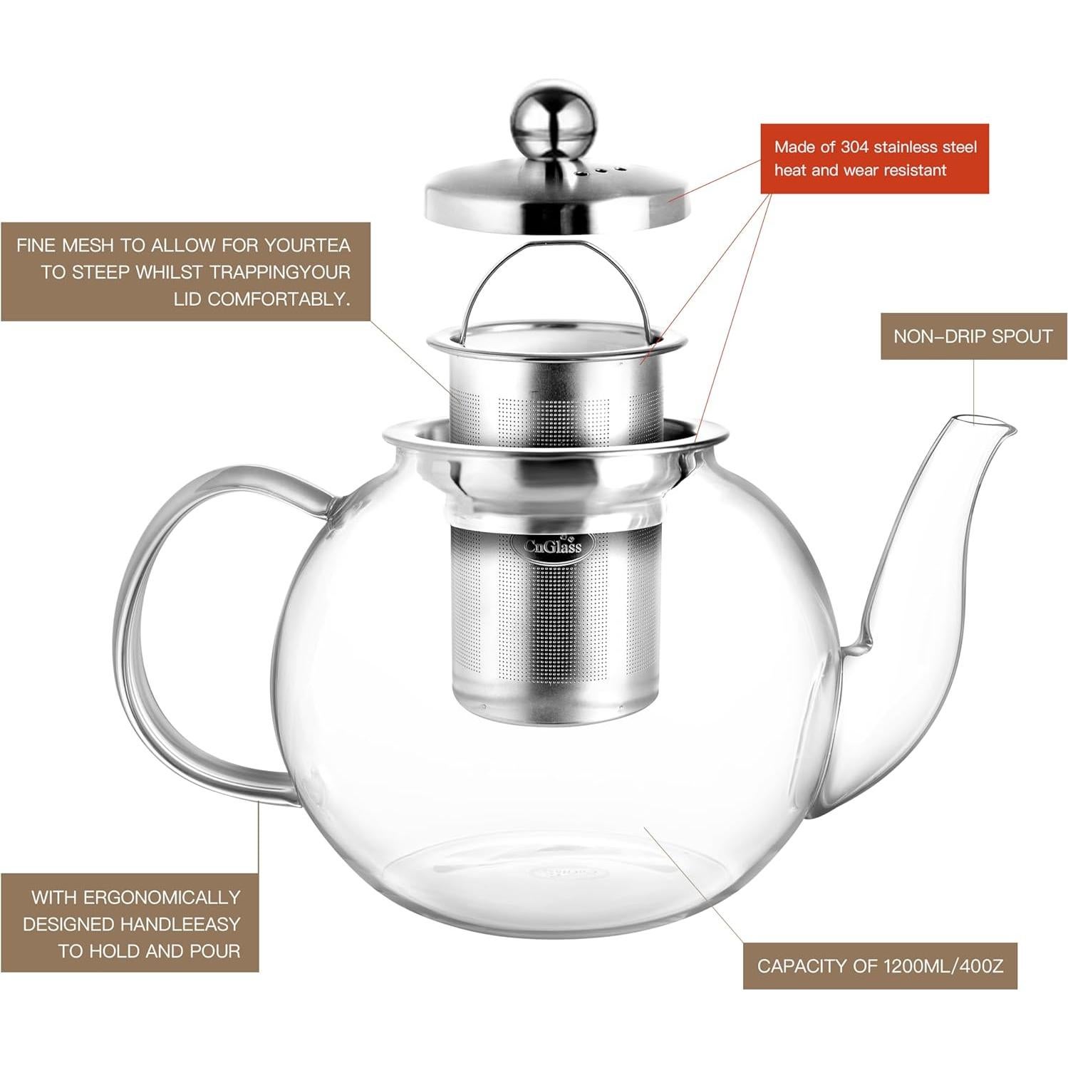 Tetera de Vidrio CNGLASS 1200ml con Infusor Removible