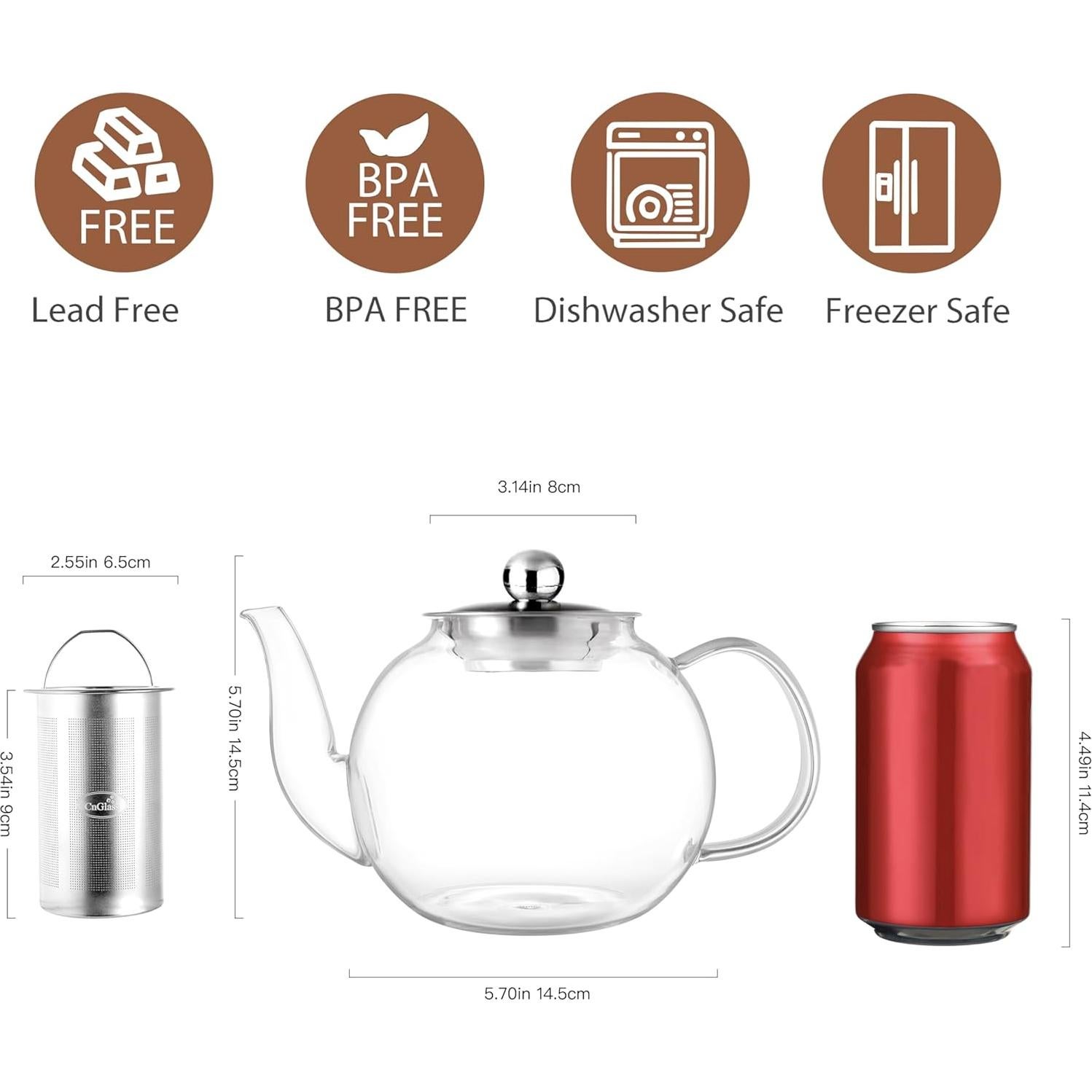 Tetera de Vidrio CNGLASS 1200ml con Infusor Removible