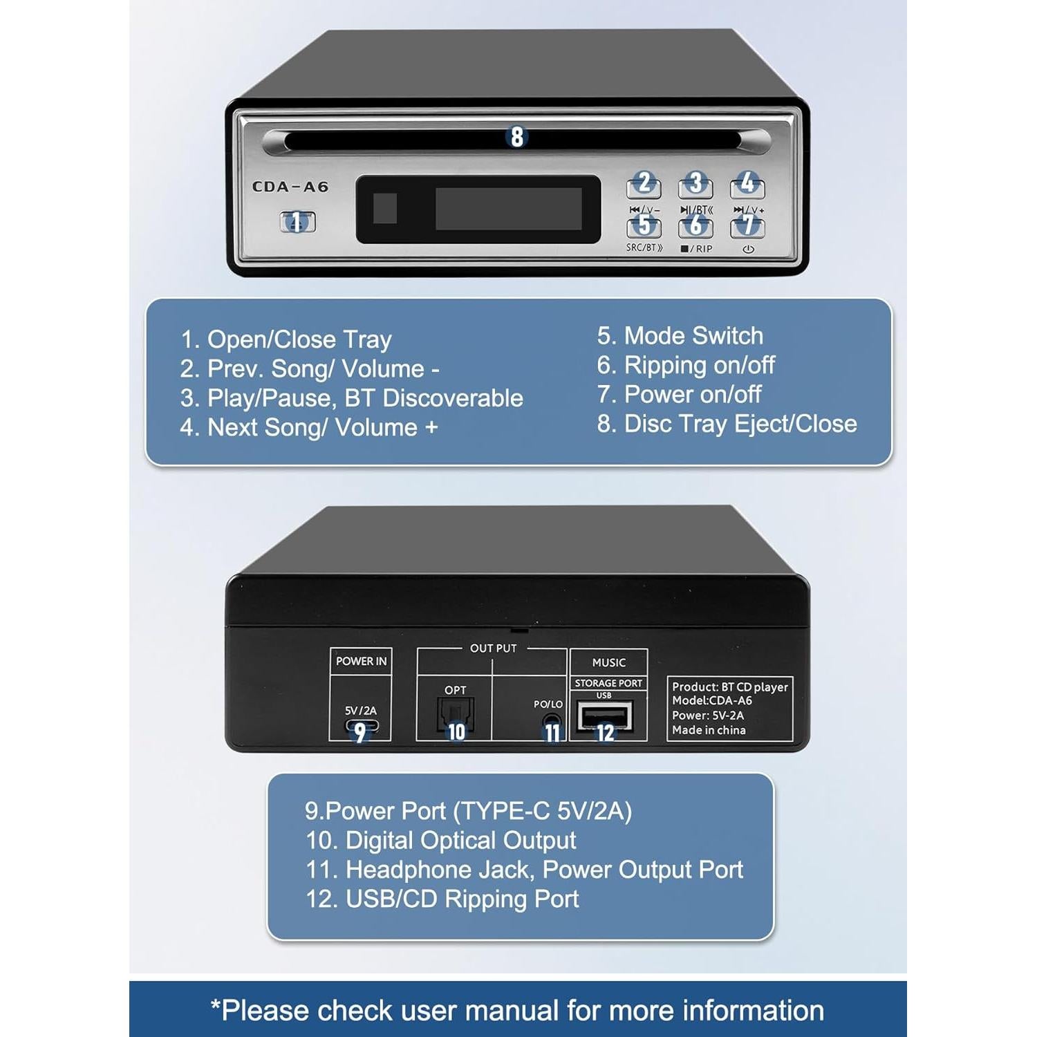 Reproductor de CD HiFi Tovlroy CDA-A6 con Bluetooth y USB