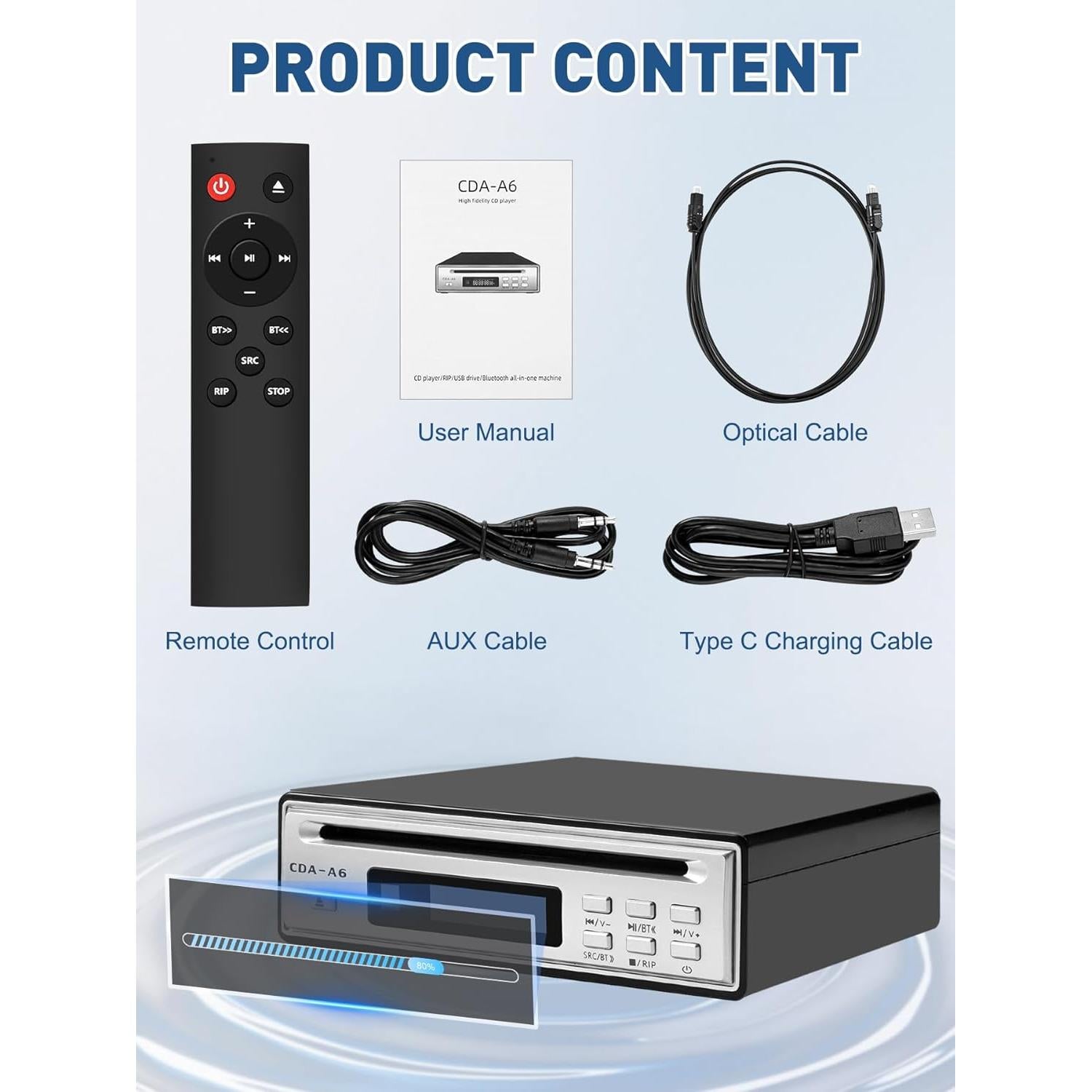 Reproductor de CD HiFi Tovlroy CDA-A6 con Bluetooth y USB