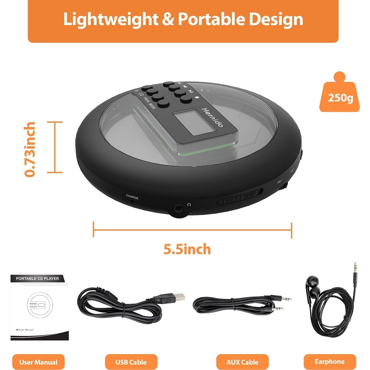 Reproductor de CD portátil Hernido con FM, 20h batería, anti-salto