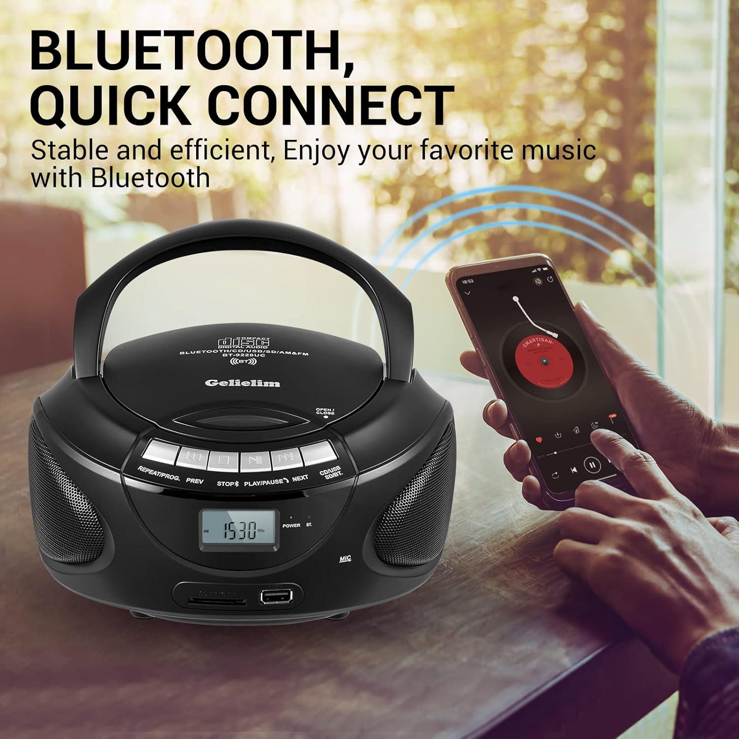 Reproductor de CD Portátil Gelielim Boombox Bluetooth Negro