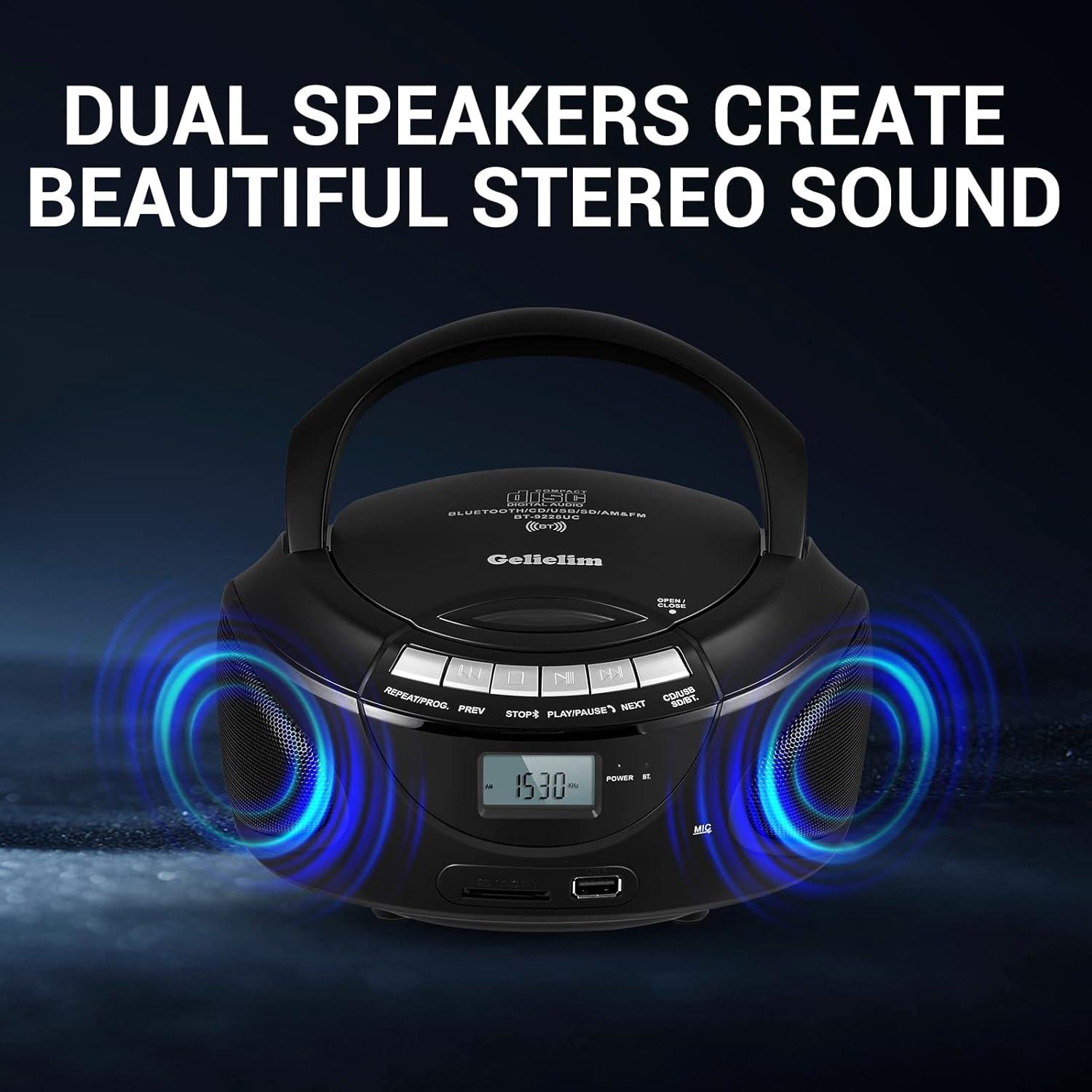 Reproductor de CD Portátil Gelielim Boombox Bluetooth Negro