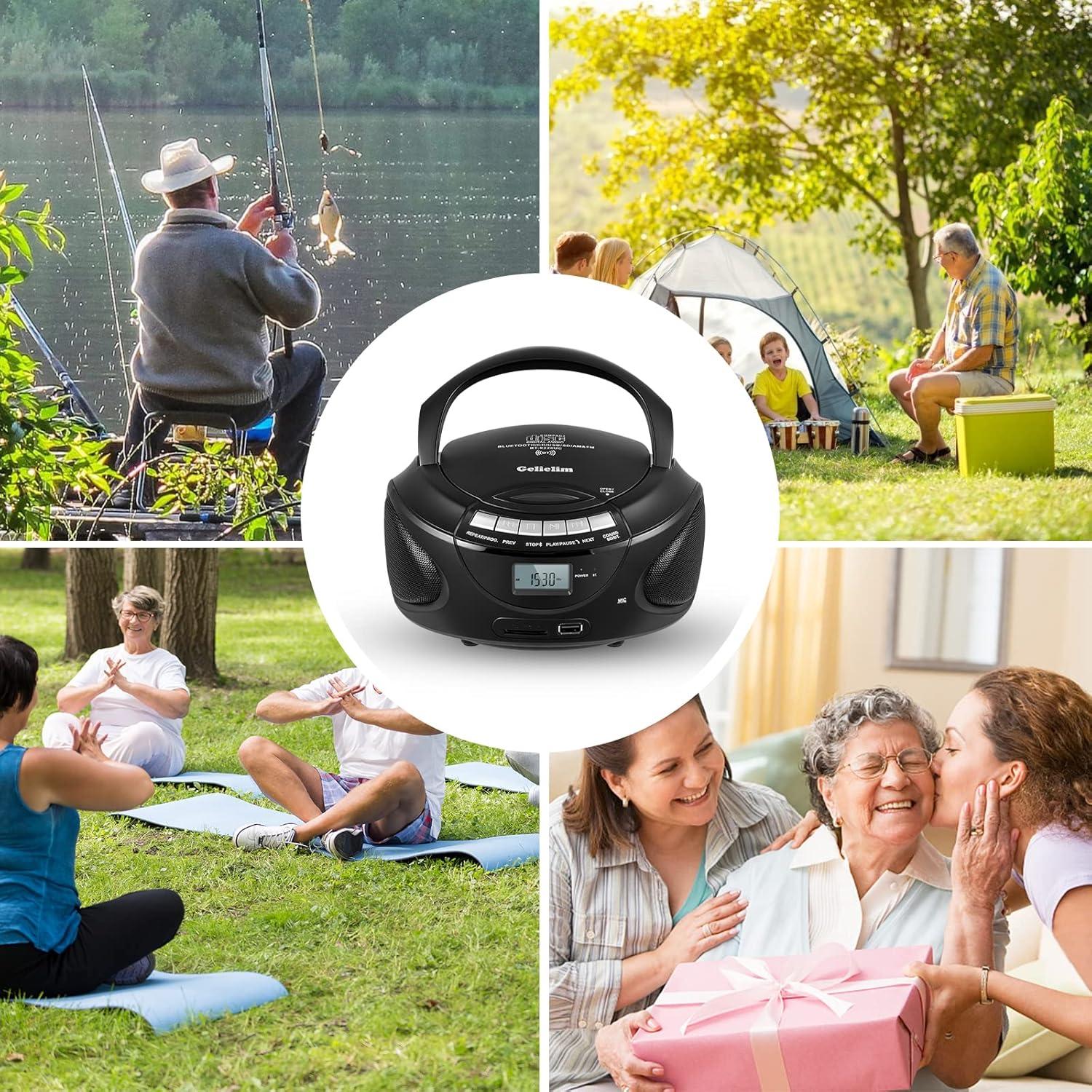 Reproductor de CD Portátil Gelielim Boombox Bluetooth Negro