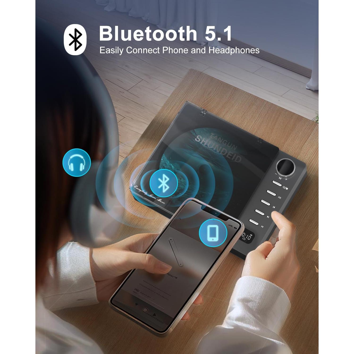 Reproductor de CD Portátil Leapwell Bluetooth USB FM Negro