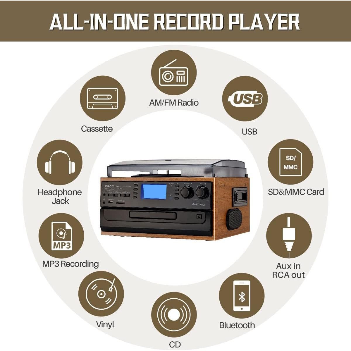 Tocadiscos de Vinilo 10-en-1 ORCC con Bluetooth y Altavoces