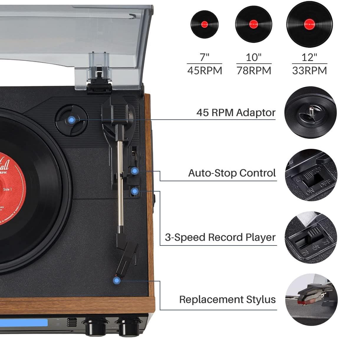 Tocadiscos de Vinilo 10-en-1 ORCC con Bluetooth y Altavoces