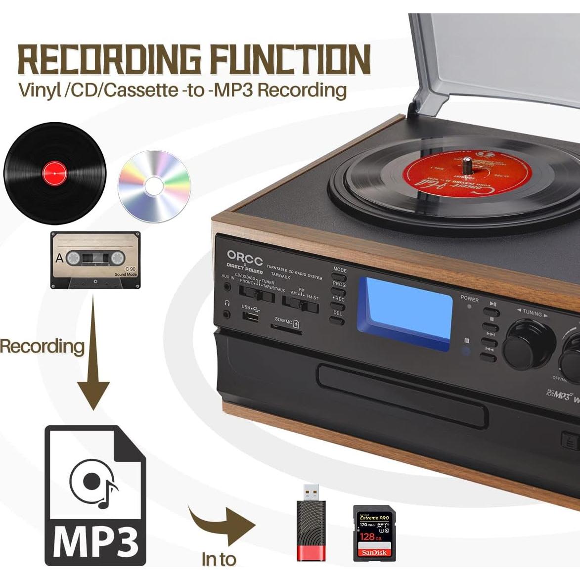 Tocadiscos de Vinilo 10-en-1 ORCC con Bluetooth y Altavoces