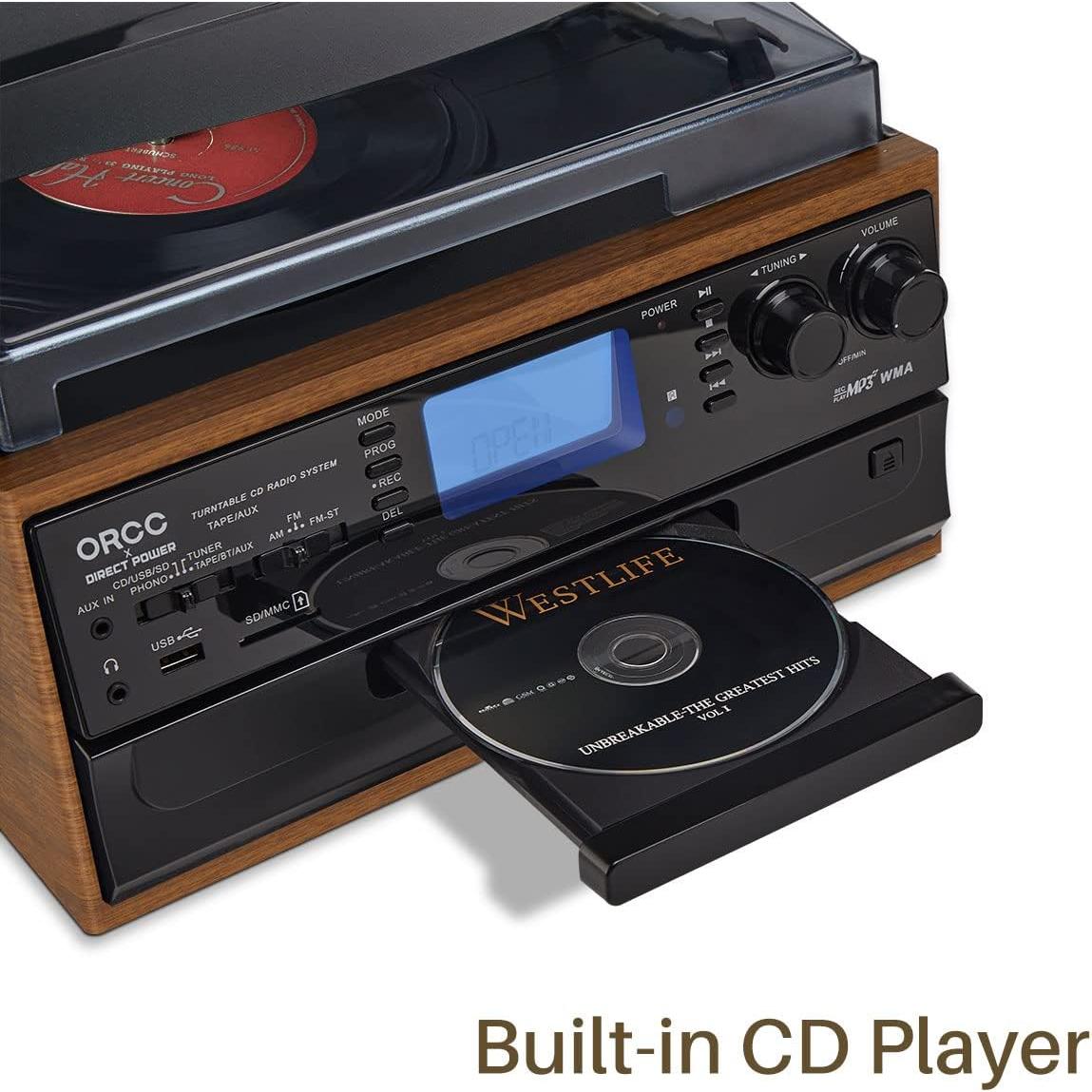 Tocadiscos de Vinilo 10-en-1 ORCC con Bluetooth y Altavoces