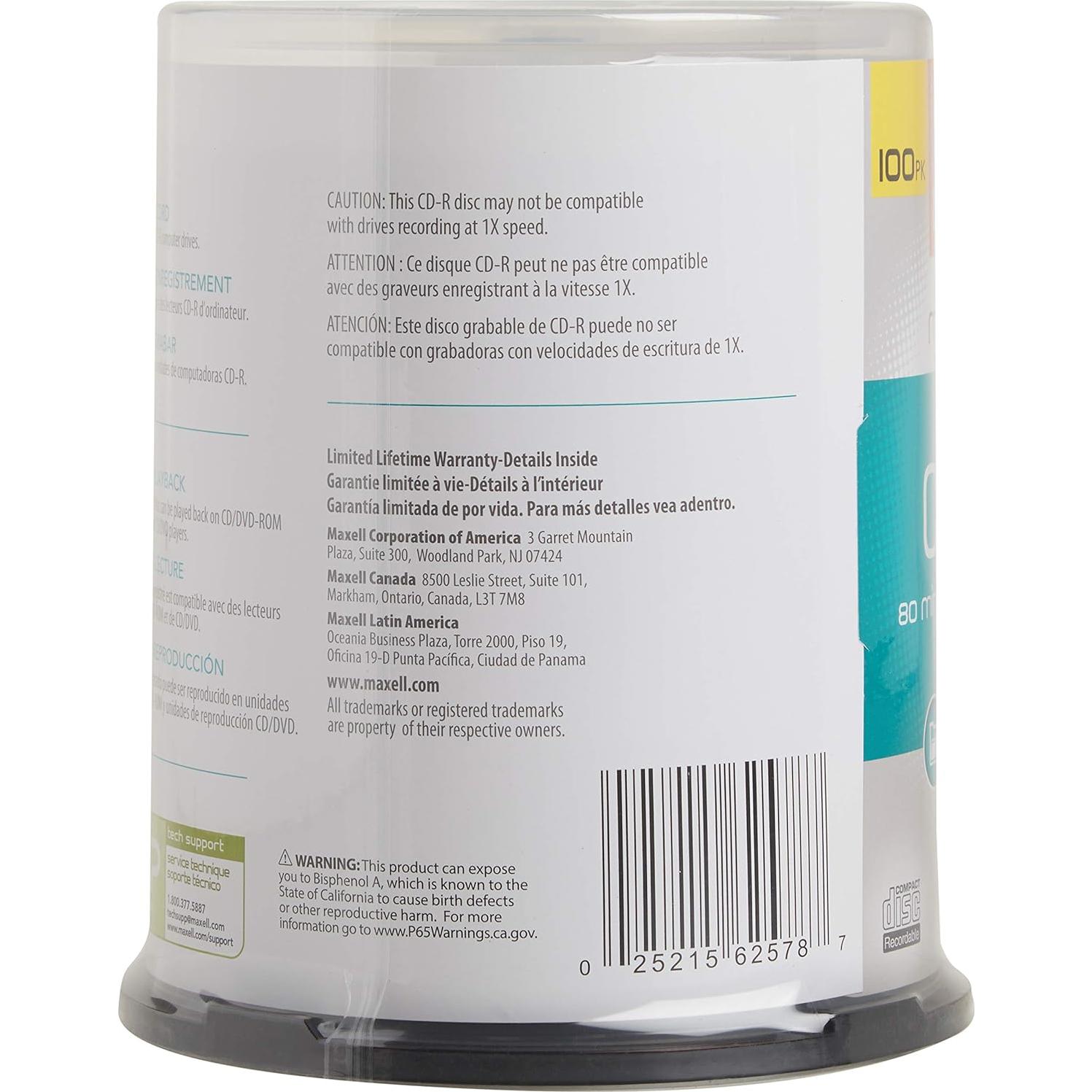 CDs Grabables Maxell 648200 - 100 Discos 700MB 80 Minutos