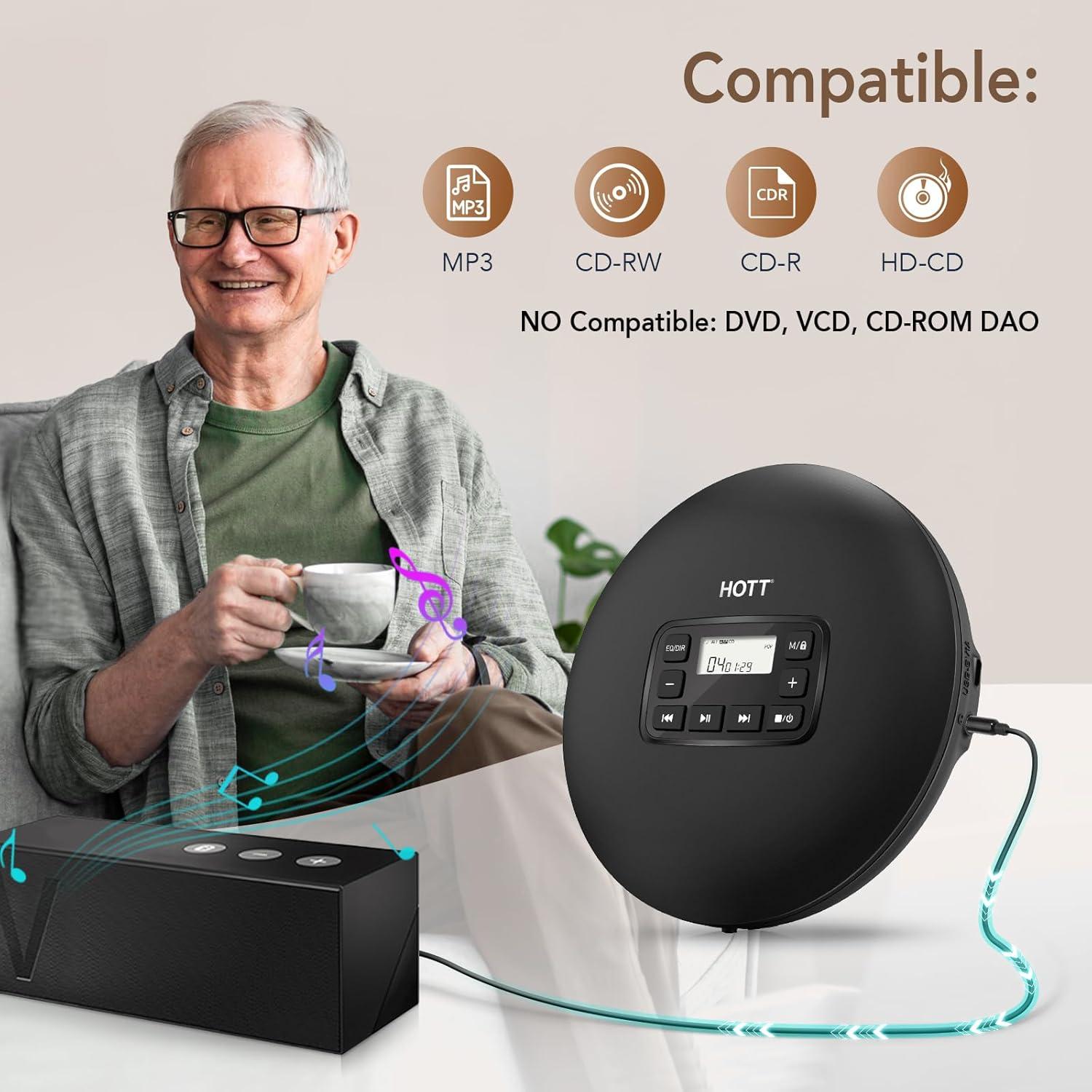 Reproductor de CD Portátil HOTT CD204 con Auriculares y AUX