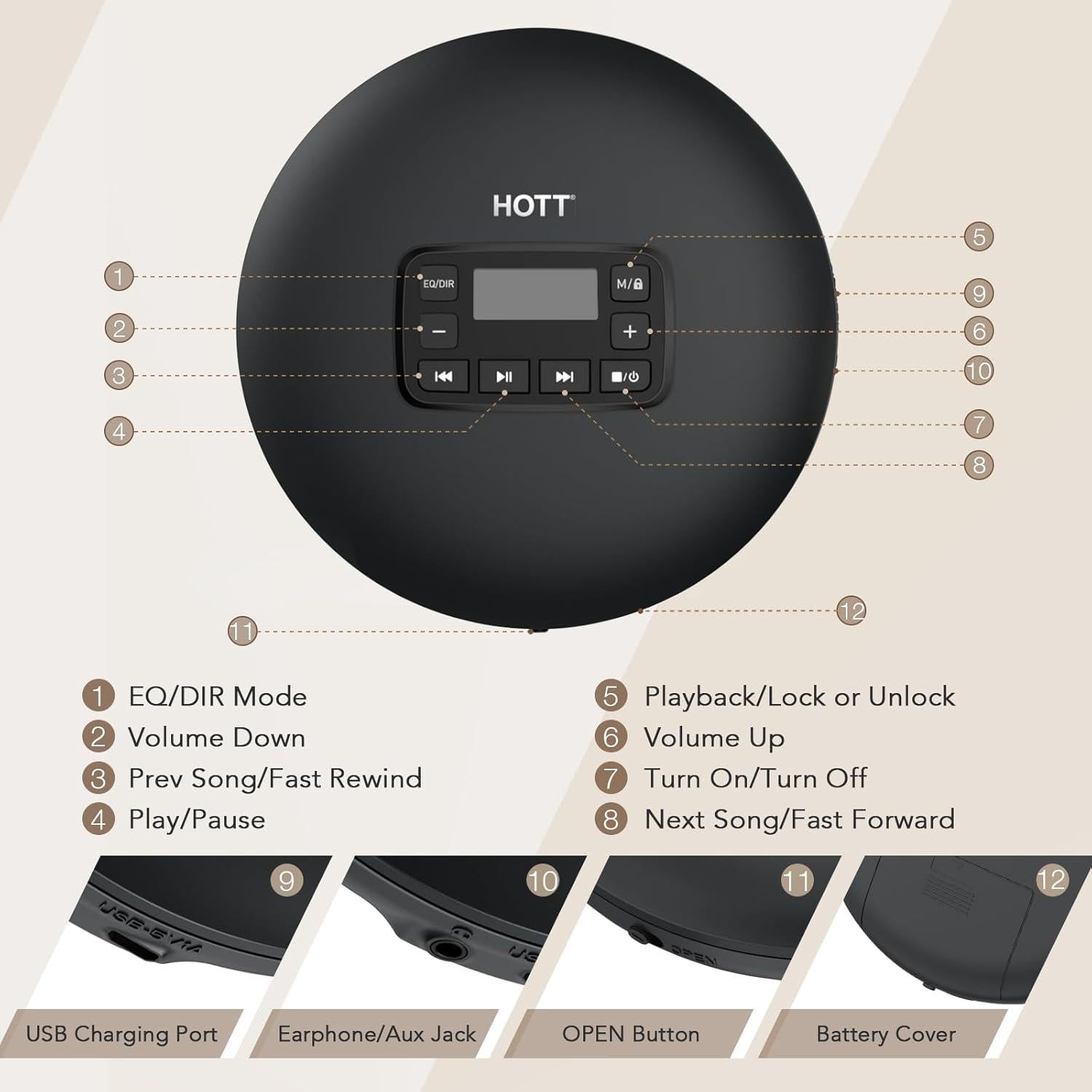 Reproductor de CD Portátil HOTT CD204 con Auriculares y AUX