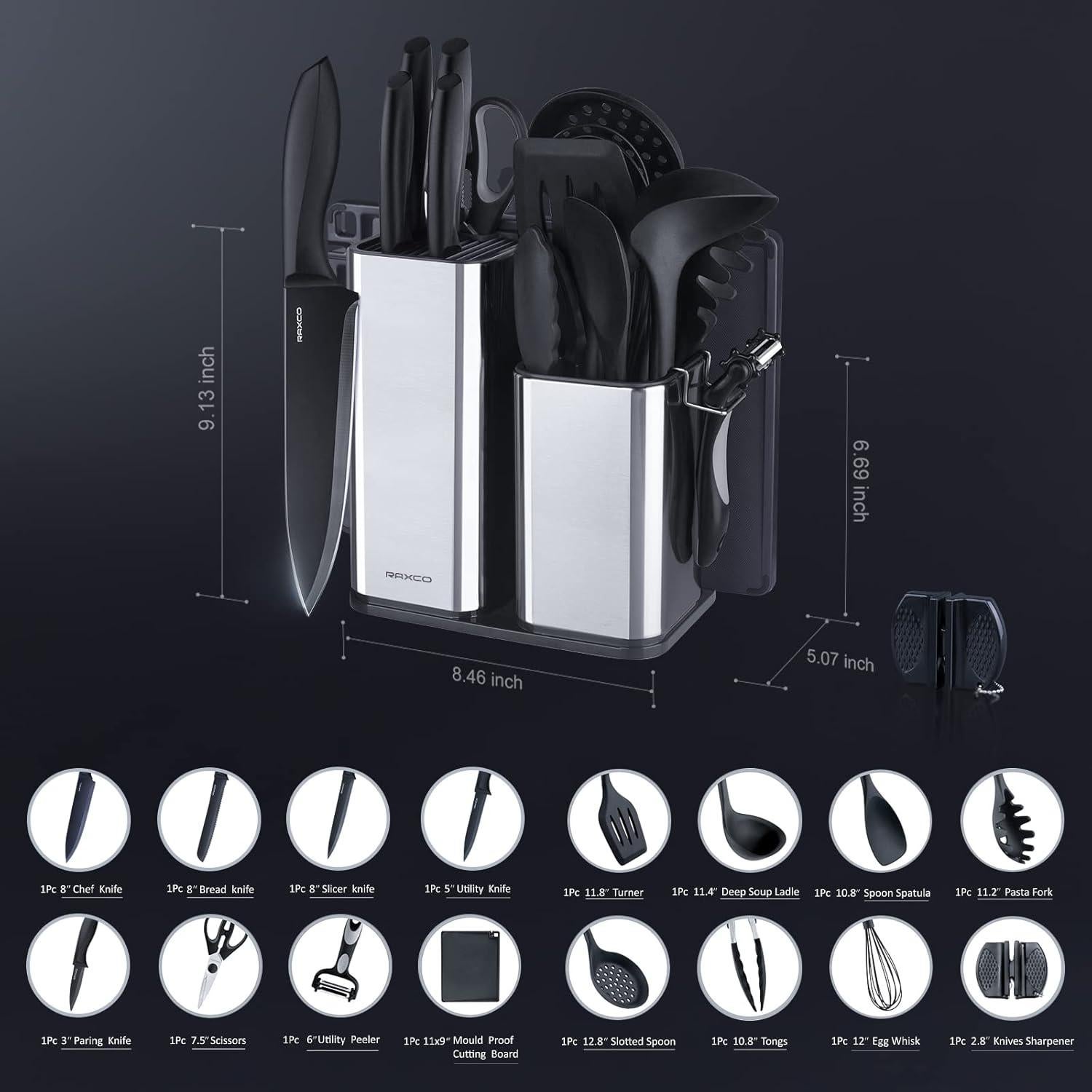 Juego de Utensilios de Cocina RAXCO 18 Piezas con Cuchillos y Soporte