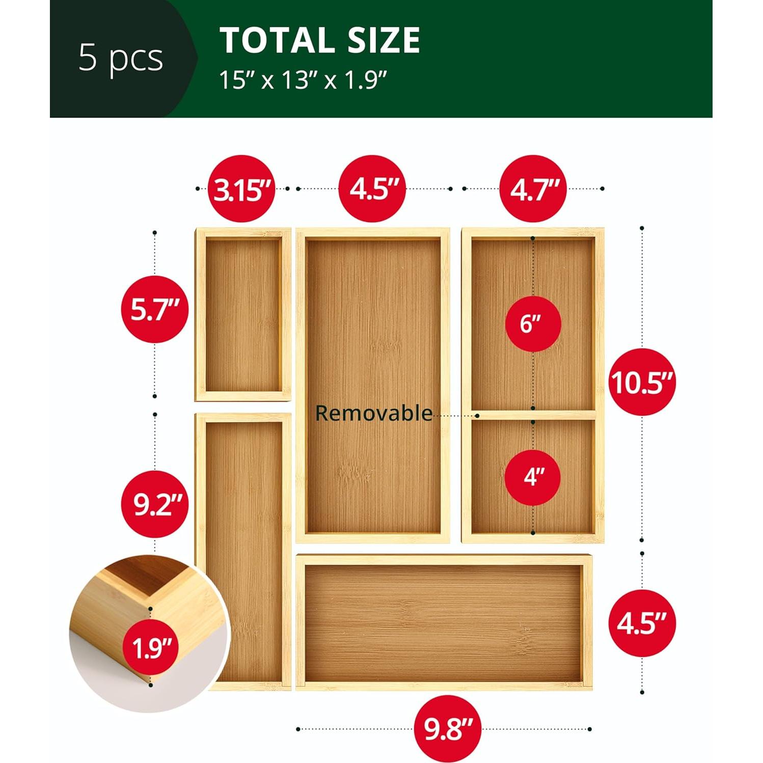 Set de 5 Organizadores de Cajones de Bambú Royal Craft Wood