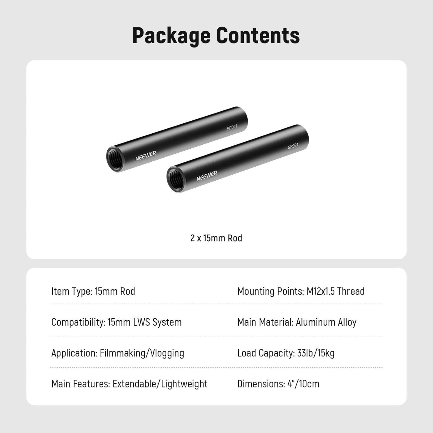 Varillas de Extensión NEEWER 15mm Aluminio 10cm Paquete de 2