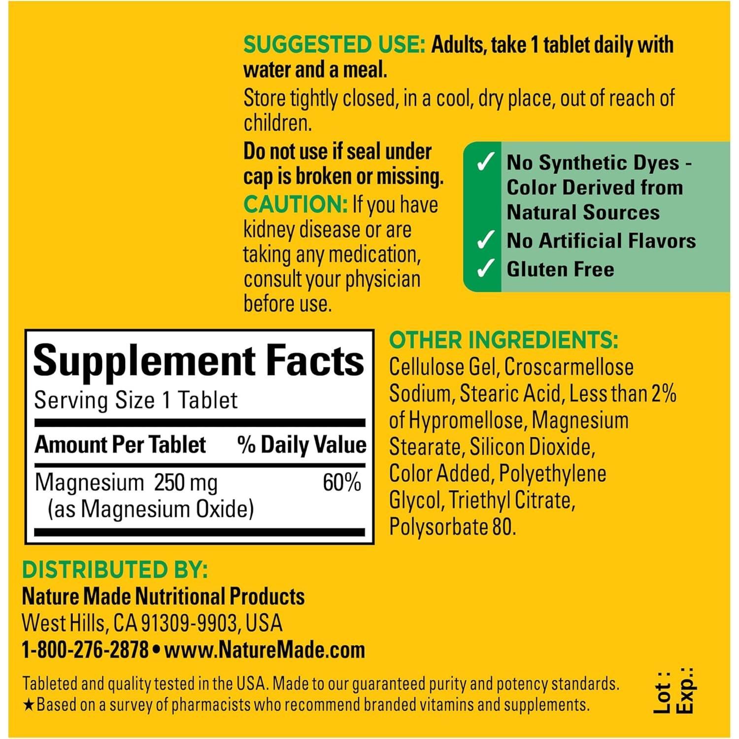 Nature Made Óxido de Magnesio 250 mg - 100 Tabletas Suplemento