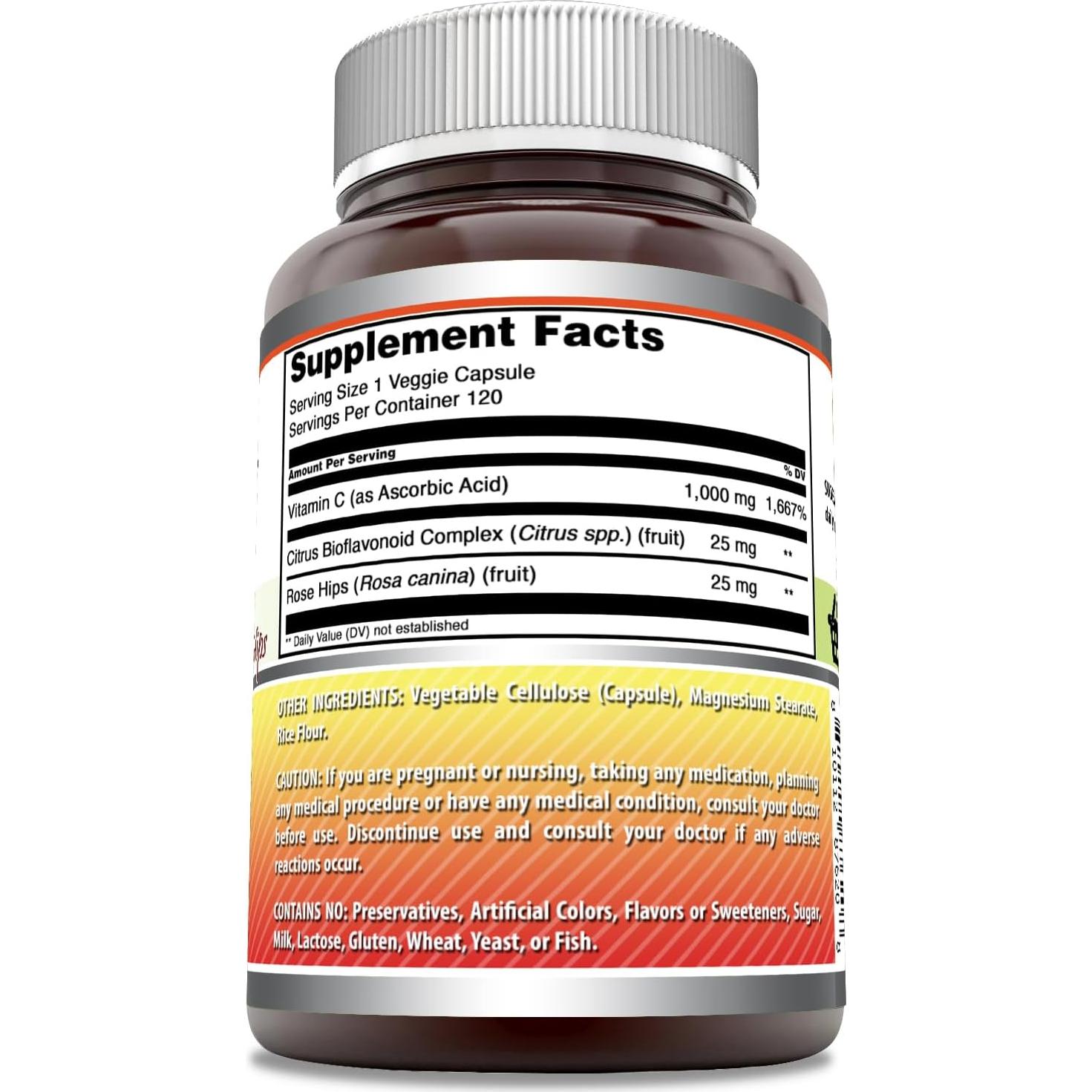 Suplemento de Vitamina C 1000 Mg con Rosa Mosqueta - 120 Cápsulas Vegetales