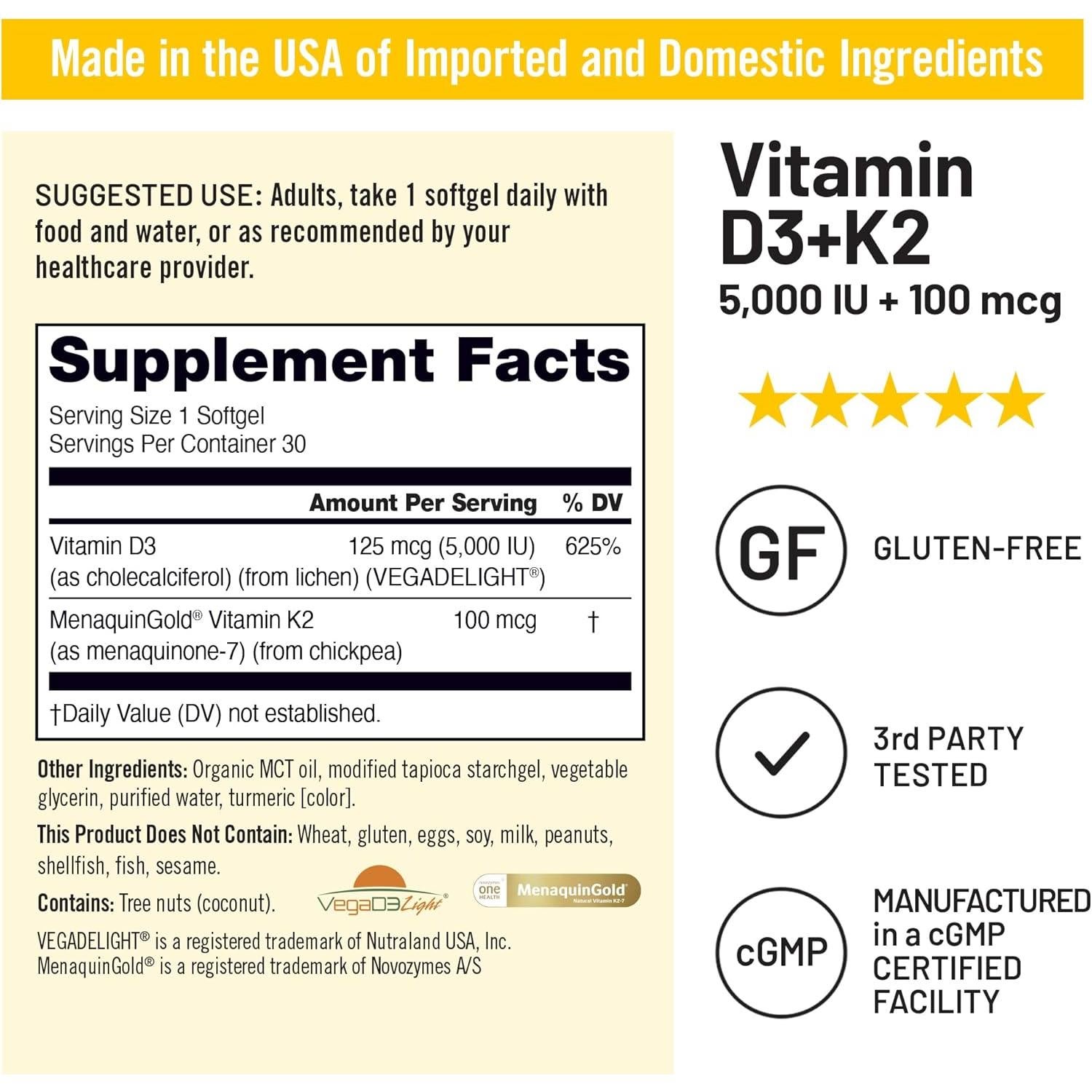NatureWise Vitamina D3 5000UI + K2 100mcg Vegana - 30 Gelatinas