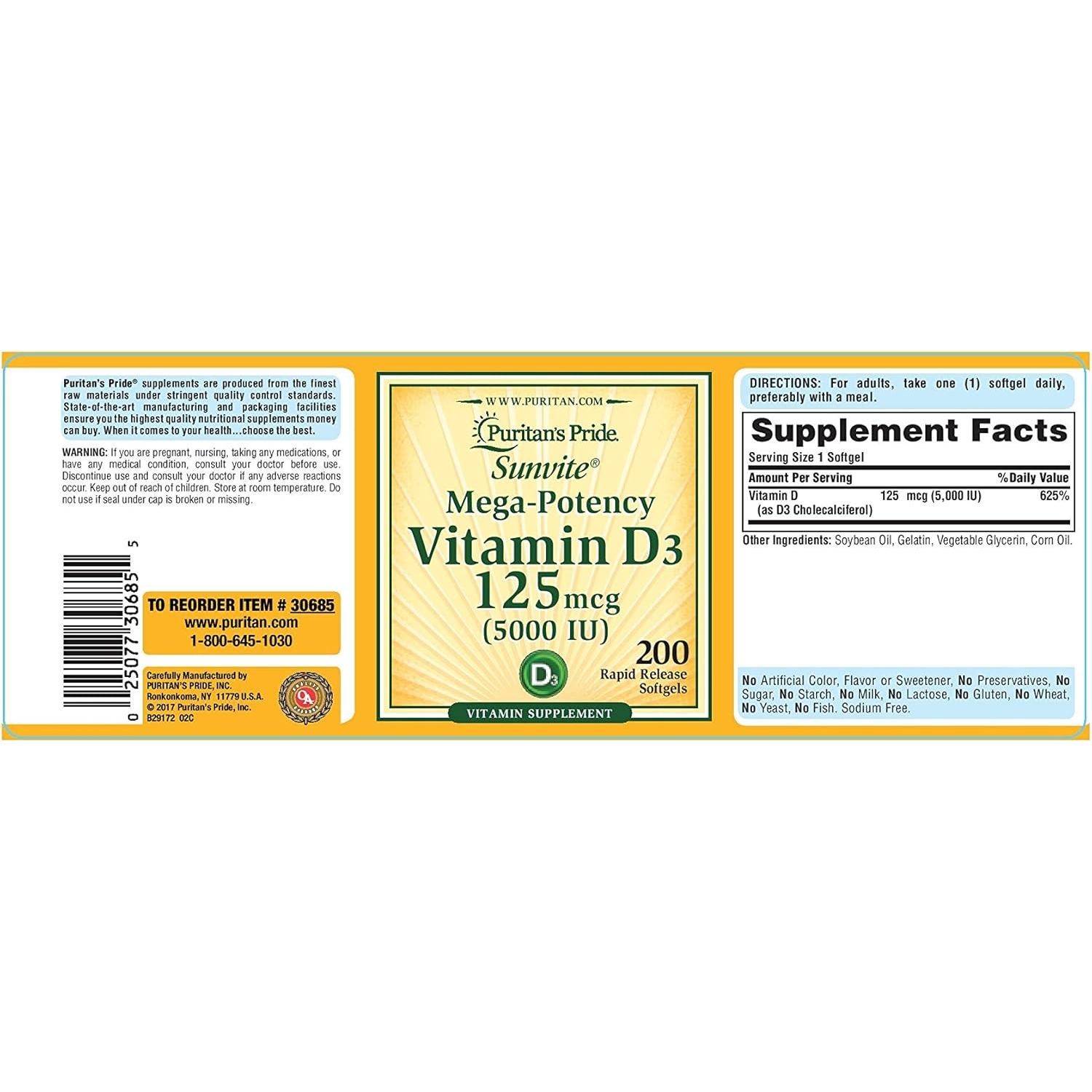 Gel suave de vitamina D3 5000 UI Puritan's Pride 200 unidades