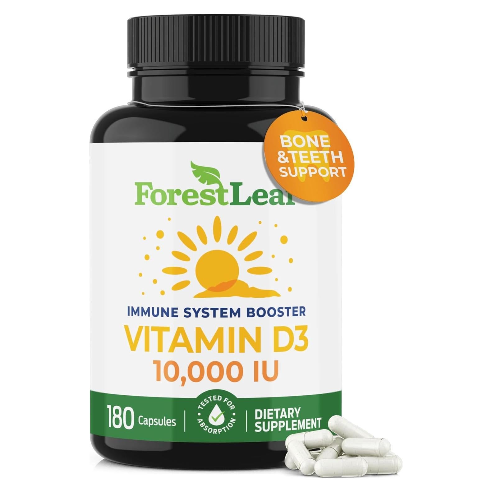 Vitamina D3 10,000 UI ForestLeaf - 180 Cápsulas Fáciles de Tragar