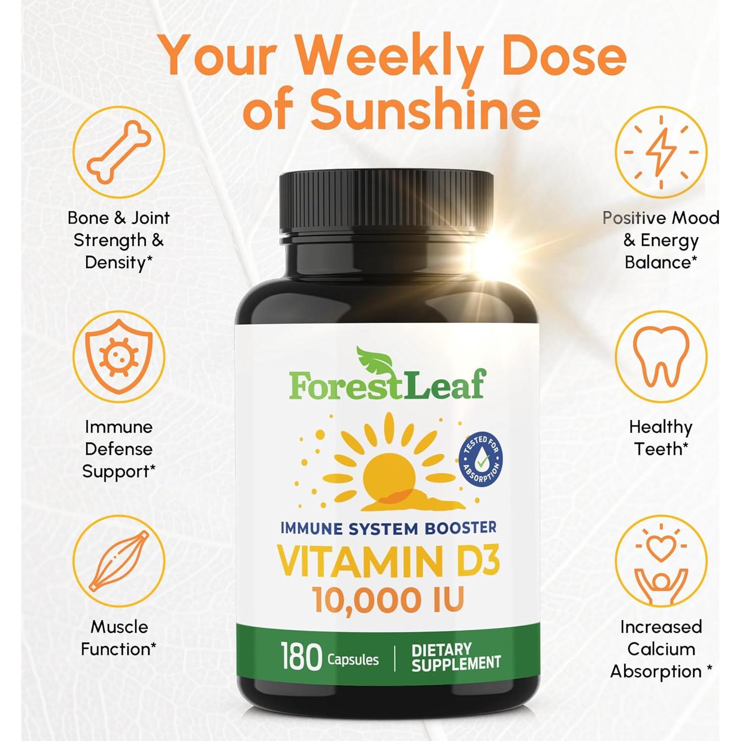 Vitamina D3 10,000 UI ForestLeaf - 180 Cápsulas Fáciles de Tragar