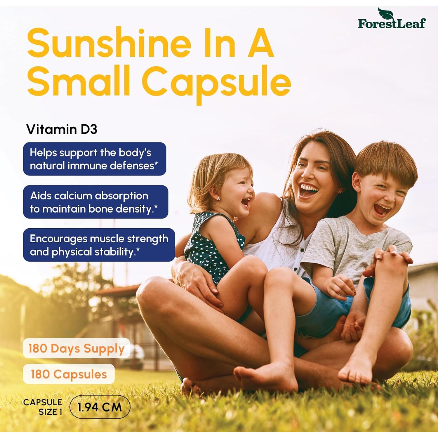 Vitamina D3 10,000 UI ForestLeaf - 180 Cápsulas Fáciles de Tragar