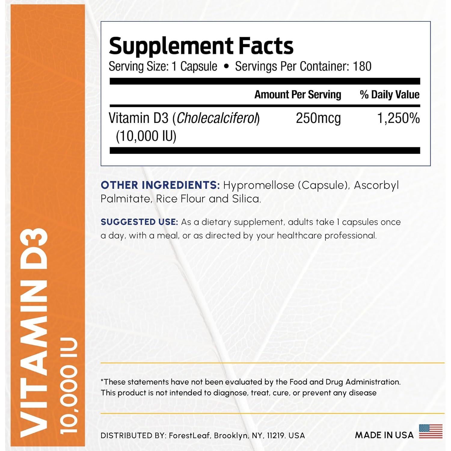 Vitamina D3 10,000 UI ForestLeaf - 180 Cápsulas Fáciles de Tragar