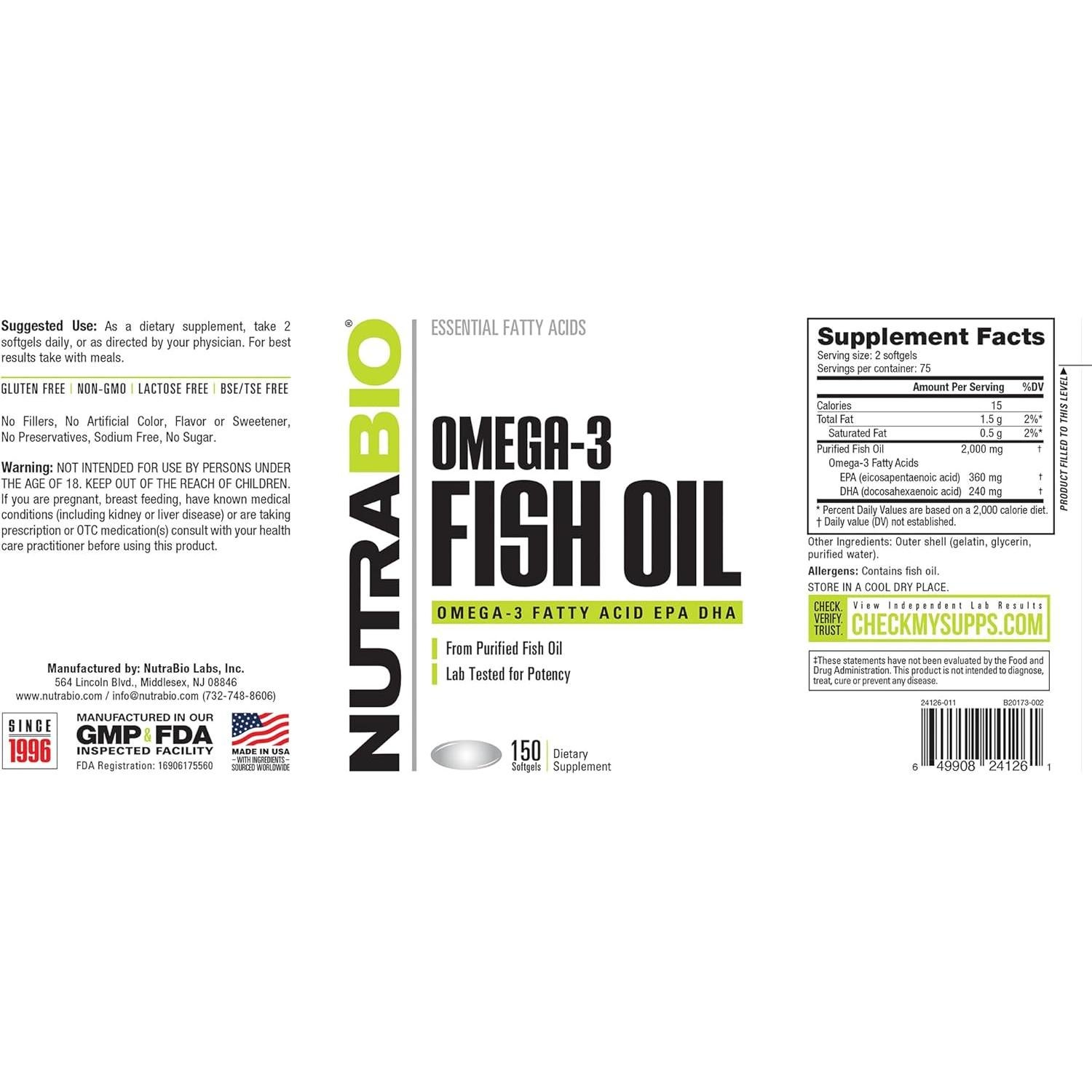 Suplemento Omega 3 NutraBio 2000mg 150 Gelatinas Blandas