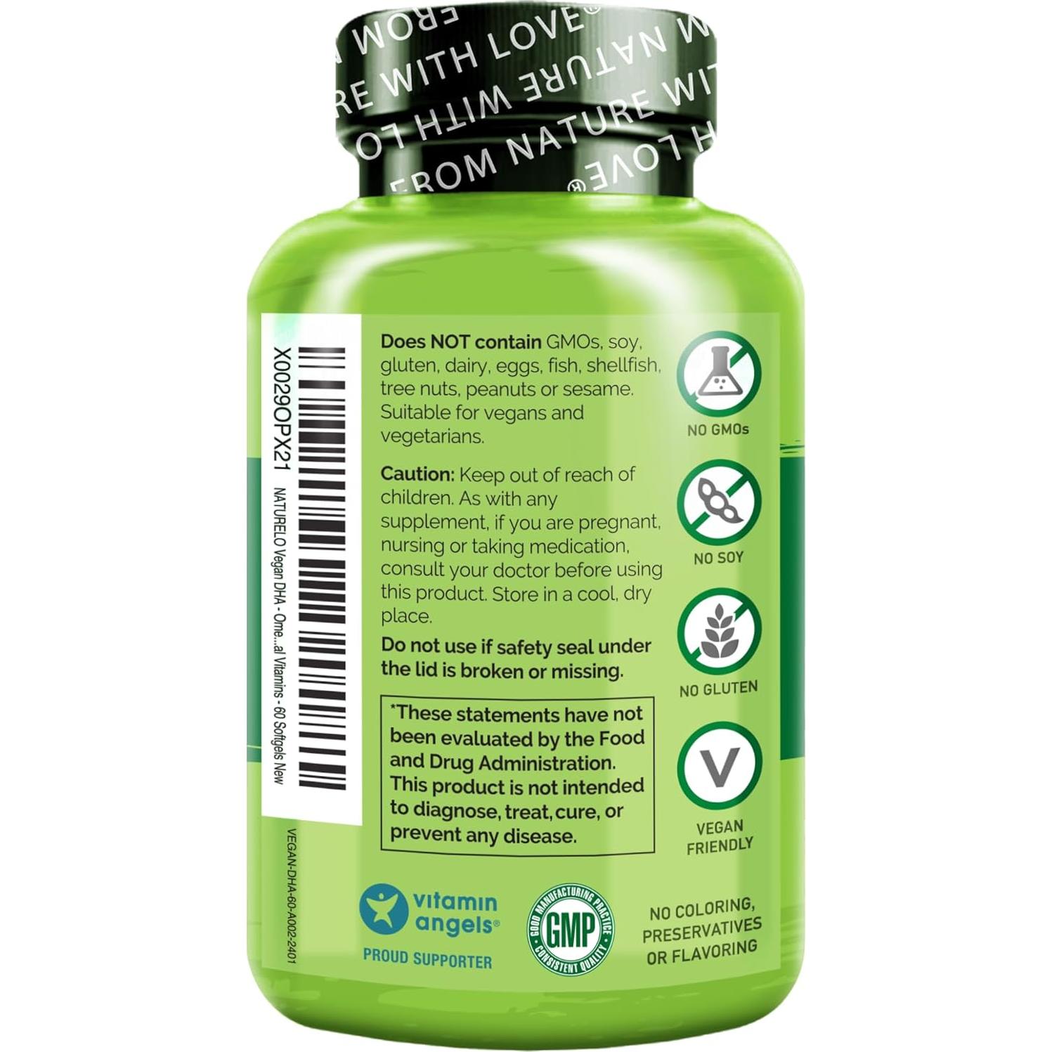 Suplemento DHA Vegano NATURELO - Omega 3 de Algas - 60 Cápsulas