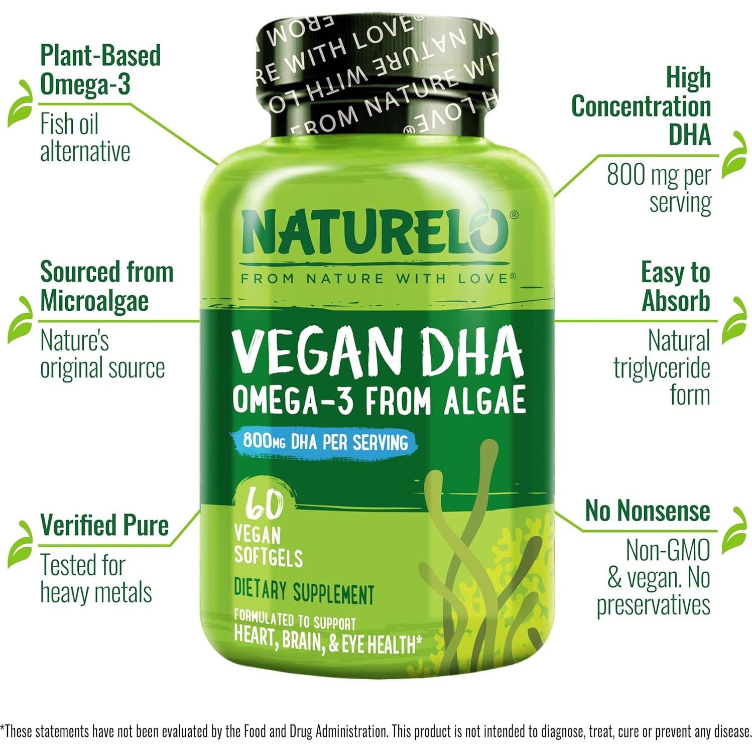 Suplemento DHA Vegano NATURELO - Omega 3 de Algas - 60 Cápsulas