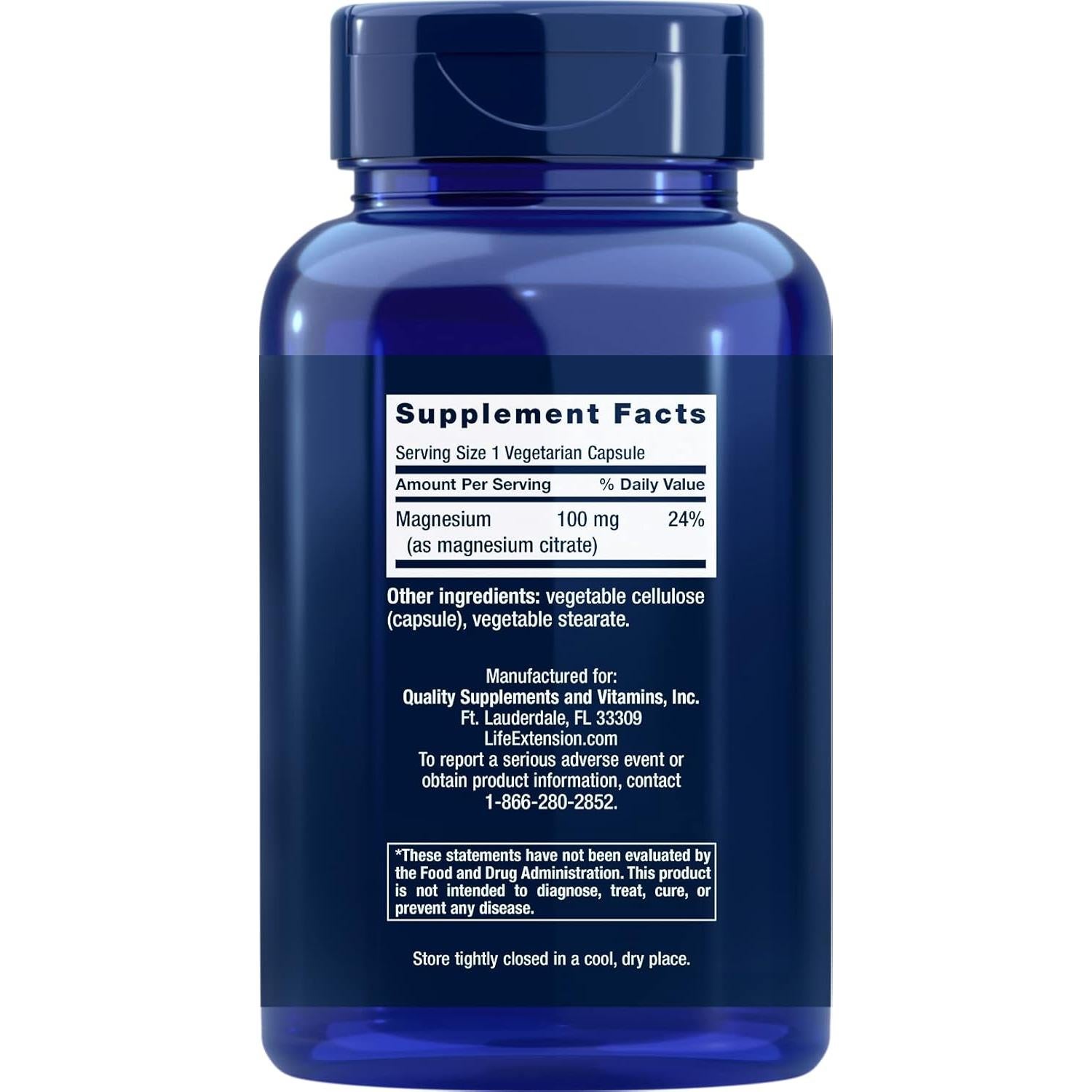 Suplemento de Magnesio Citrato Life Extension 100 mg 180 Cápsulas Veganas
