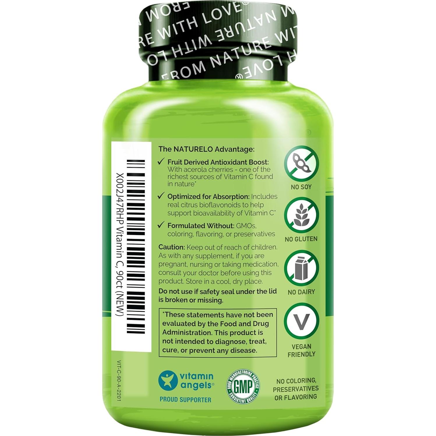 Vitamina C NATURELO 500 mg con Cereza Acerola - 90 Cápsulas Veganas