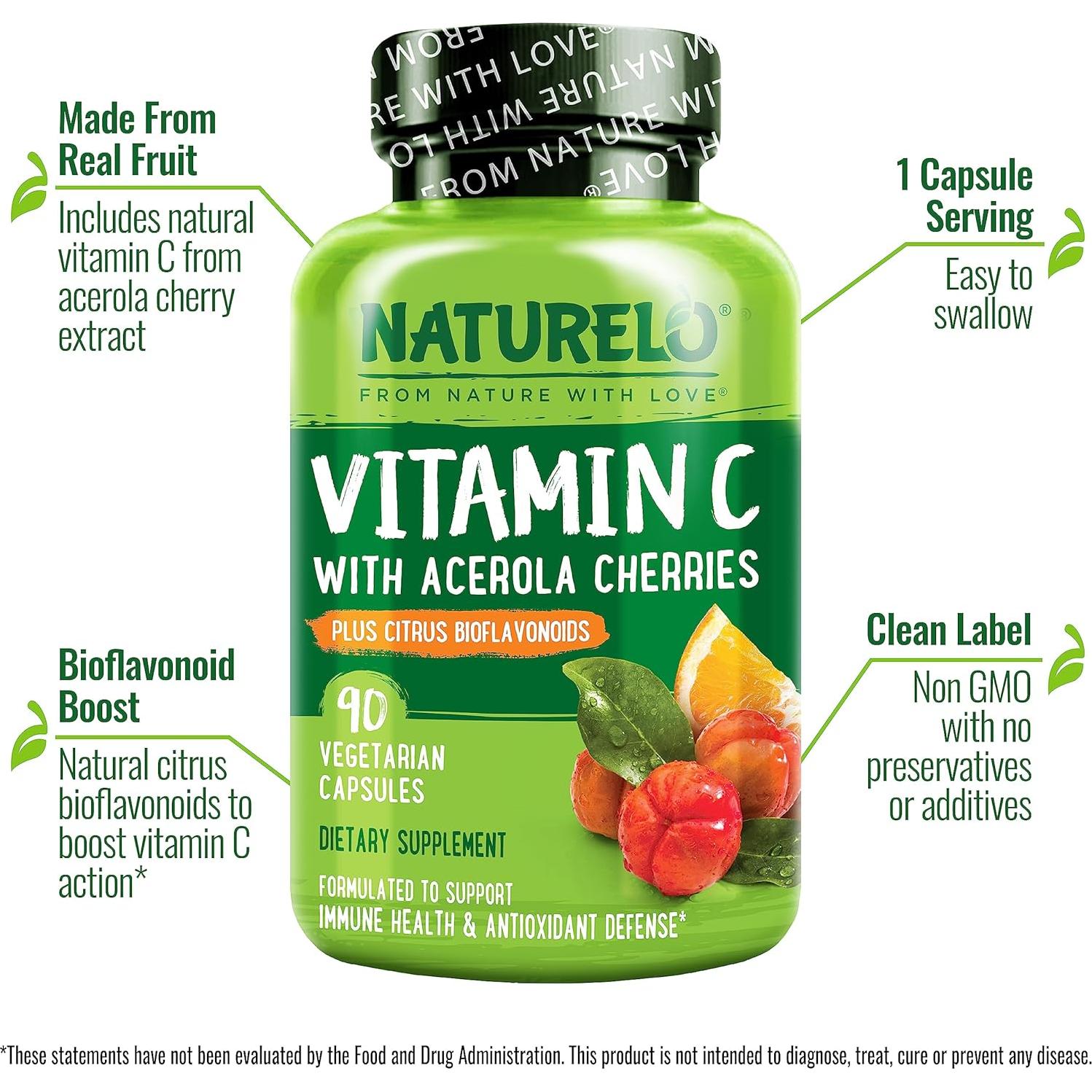 Vitamina C NATURELO 500 mg con Cereza Acerola - 90 Cápsulas Veganas
