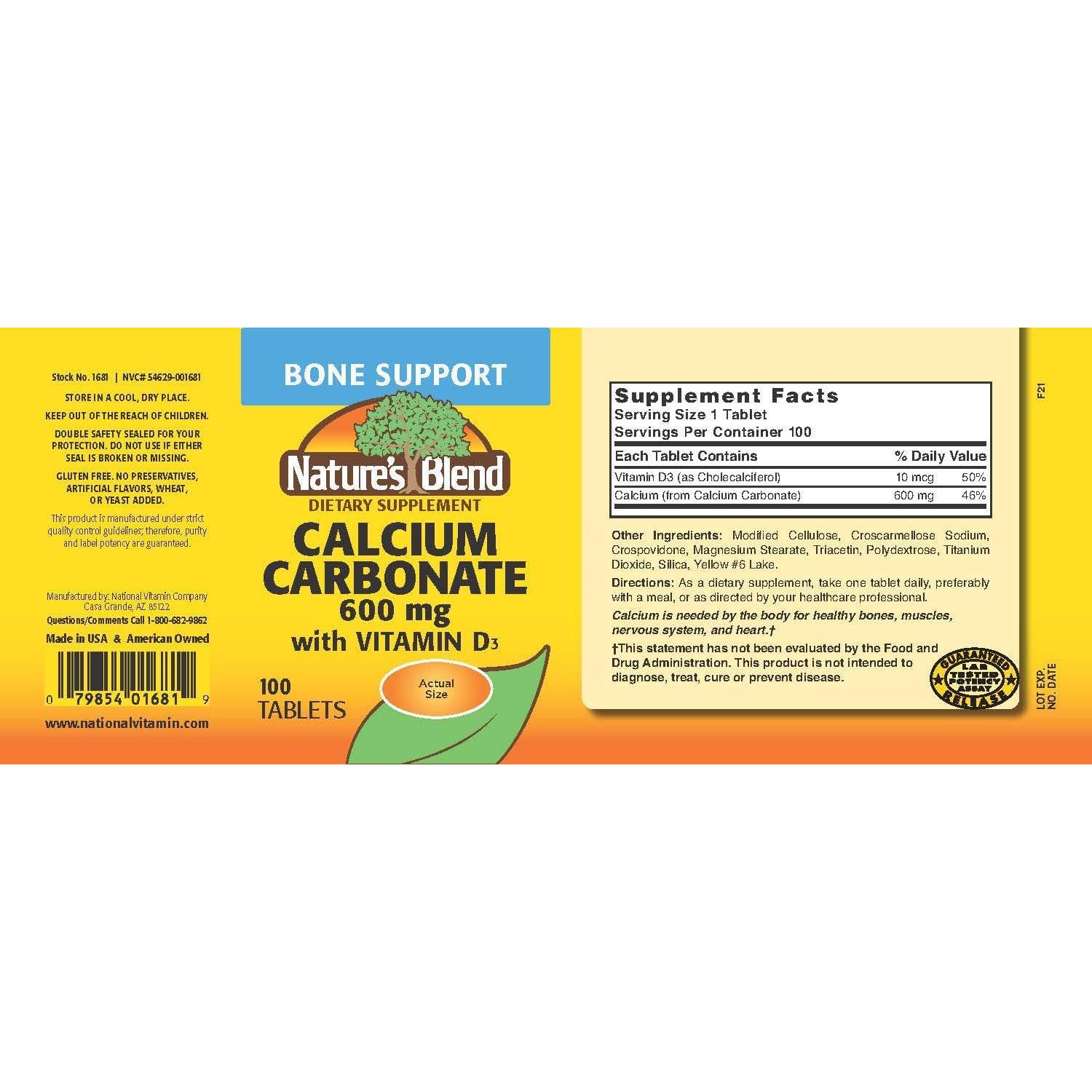 Carbonato de Calcio 600 mg con D3 400 UI Mezcla de la Naturaleza 100 Tabletas