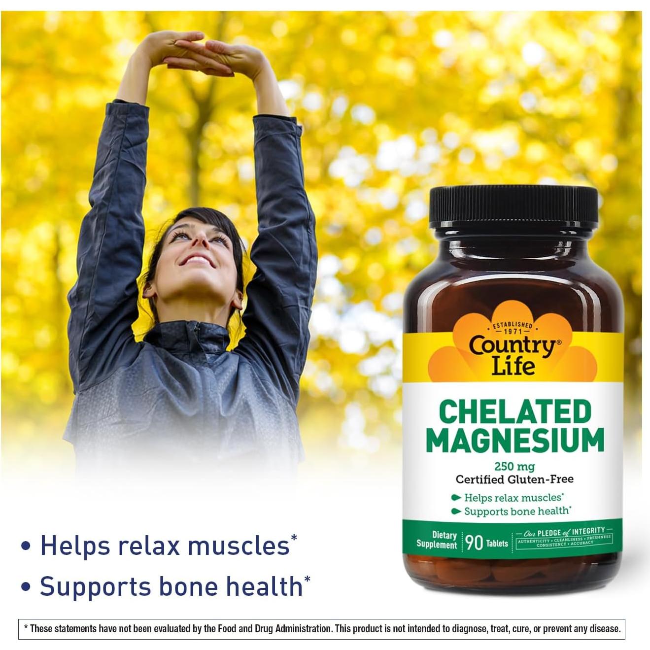 Suplemento de Magnesio Quelado Country Life 250mg 90 tabletas