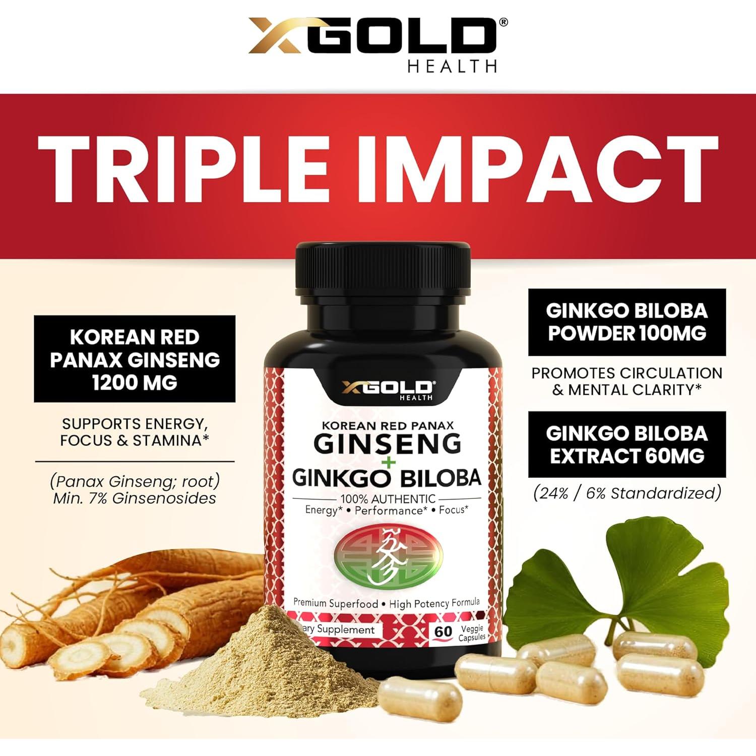 Ginseng Rojo Coreano 1200mg + Ginkgo Biloba 60 cápsulas veganas