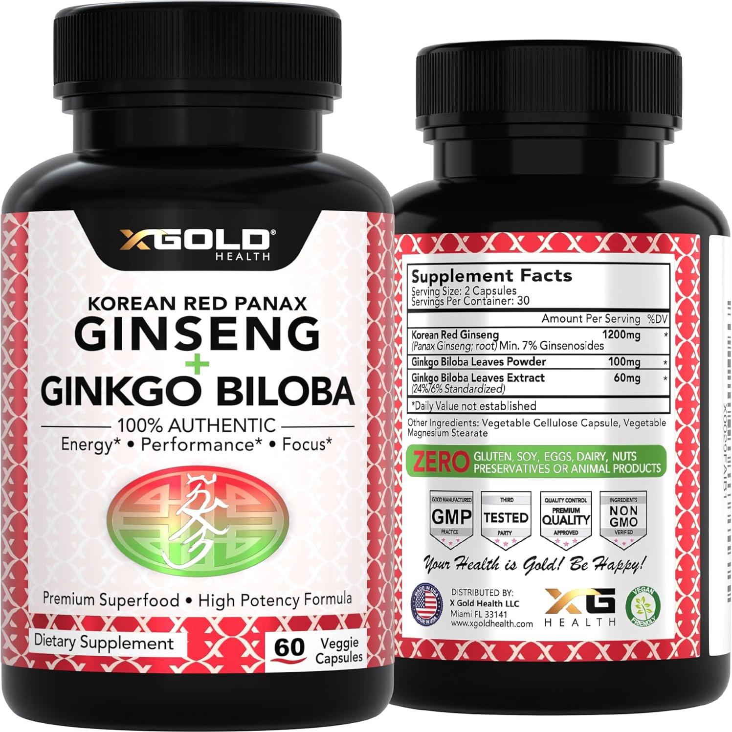 Ginseng Rojo Coreano 1200mg + Ginkgo Biloba 60 cápsulas veganas