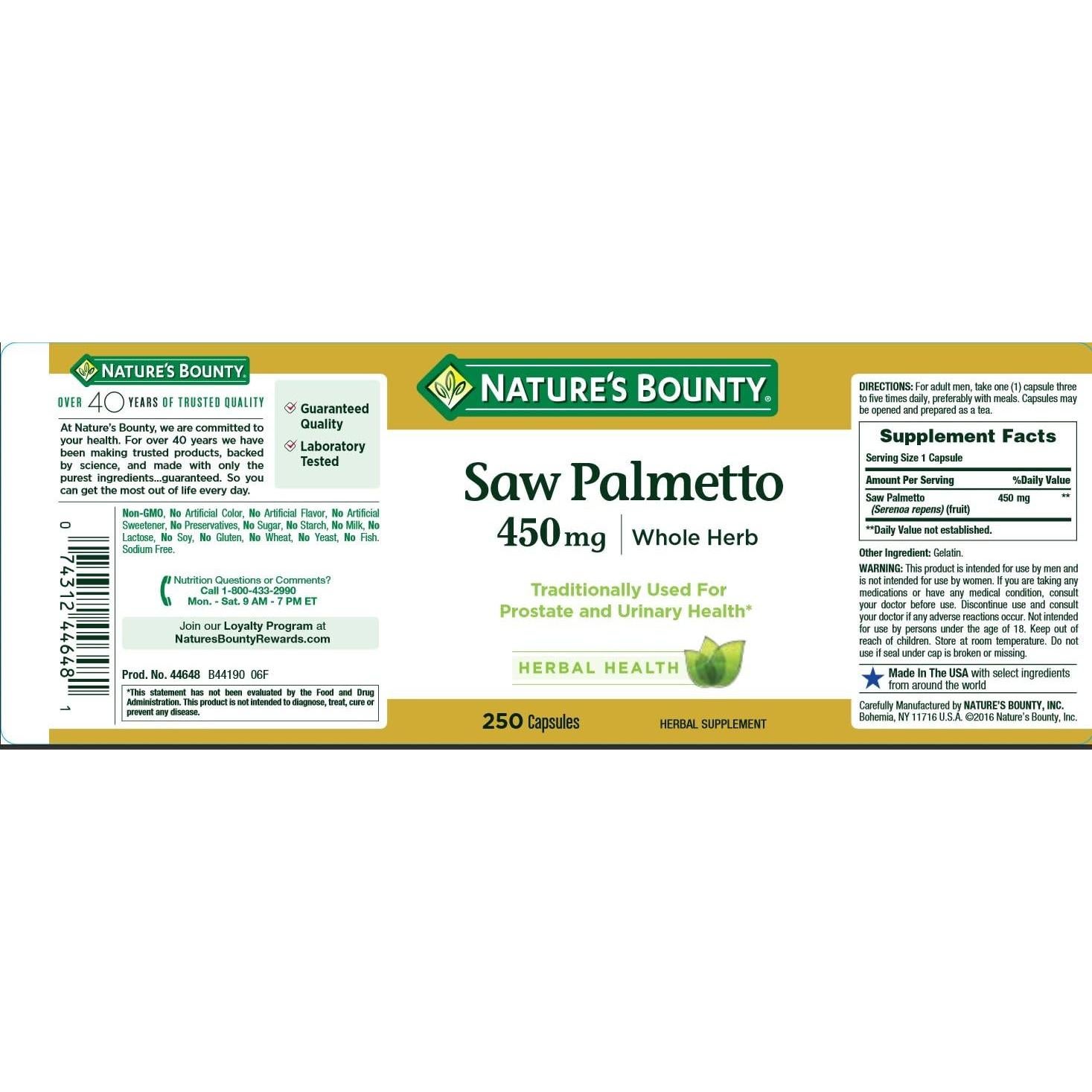 Suplemento de Saw Palmetto Nature's Bounty 450mg 250 cápsulas