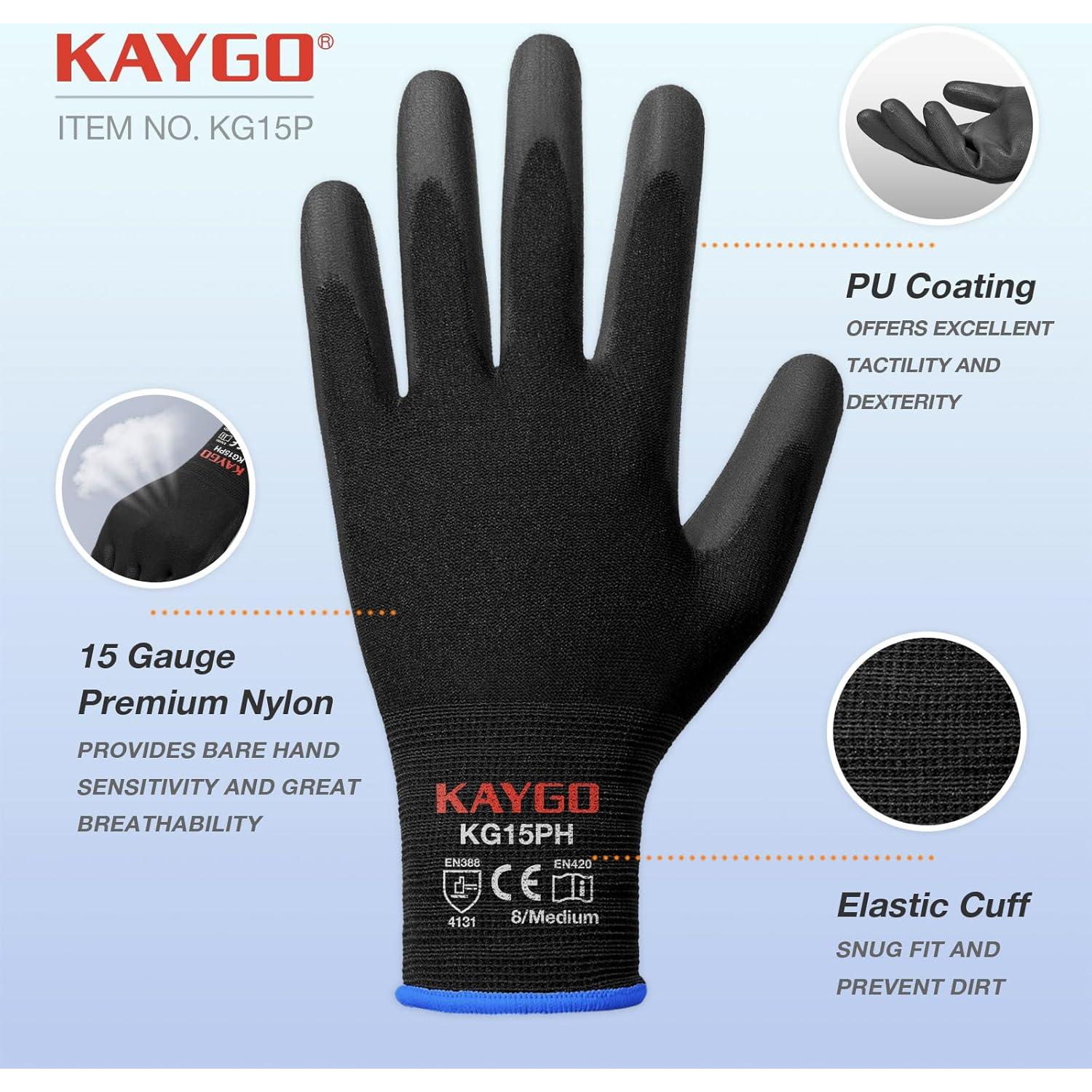 Guantes de Trabajo KAYGO KG15P 12 Pares PU Negro Pequeño